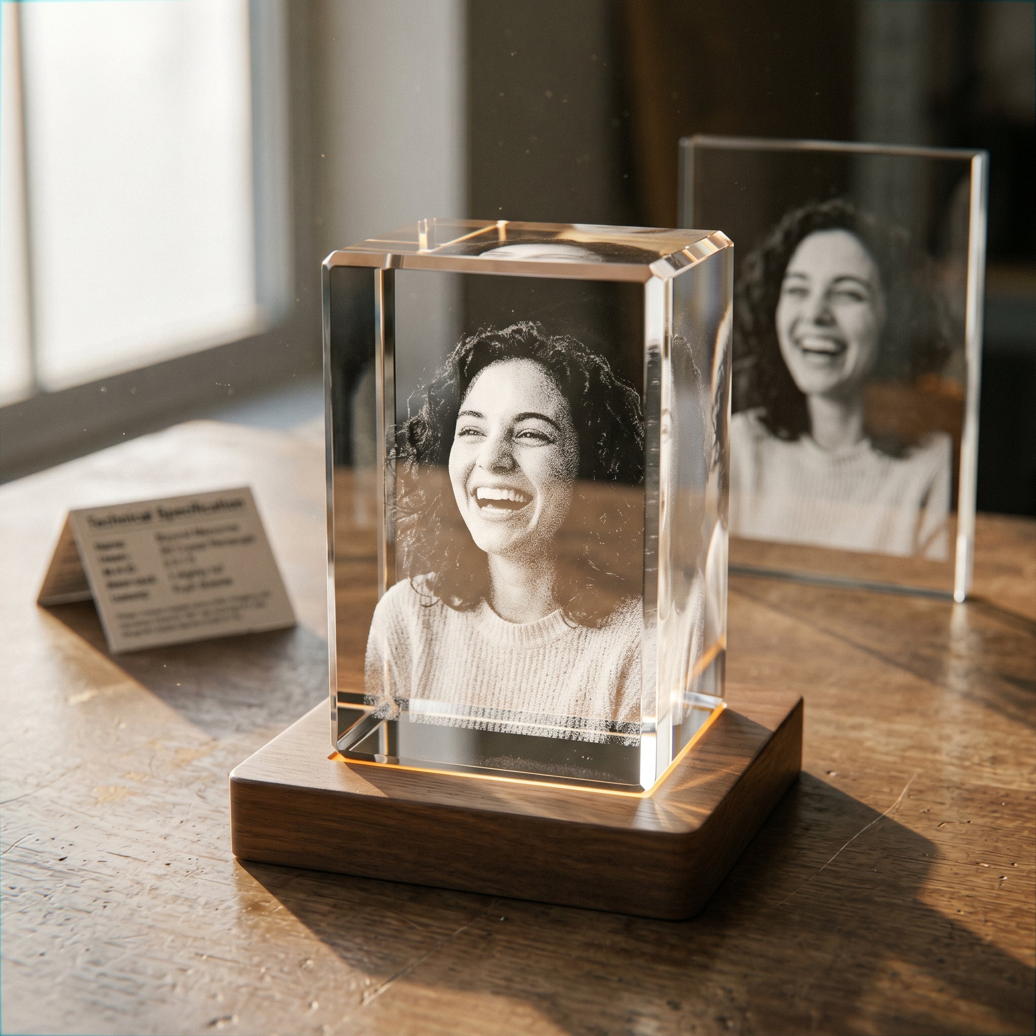 Side-by-side comparison 3D Crystal engraving vs 2D Crystal engraving, candid woman portrait engraving in pure grayscale on walnut base, editorial composition