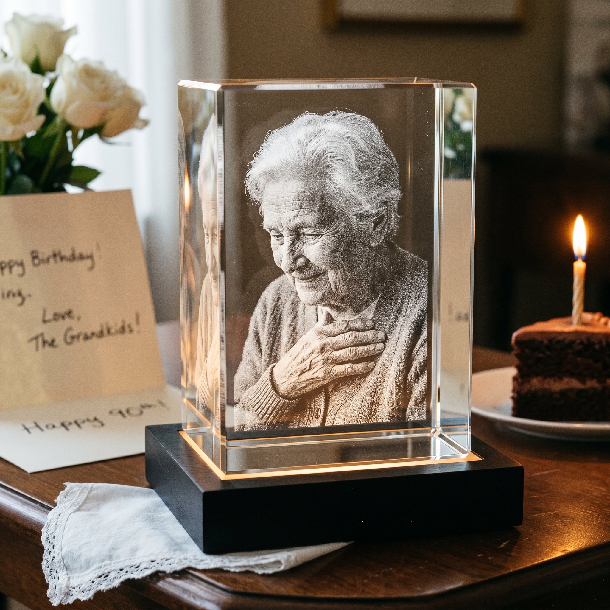Black Premium rectangle 3D Crystal with engraved candid 90-year-old portrait in pure grayscale, warm celebration with birthday cake slice and handwritten card