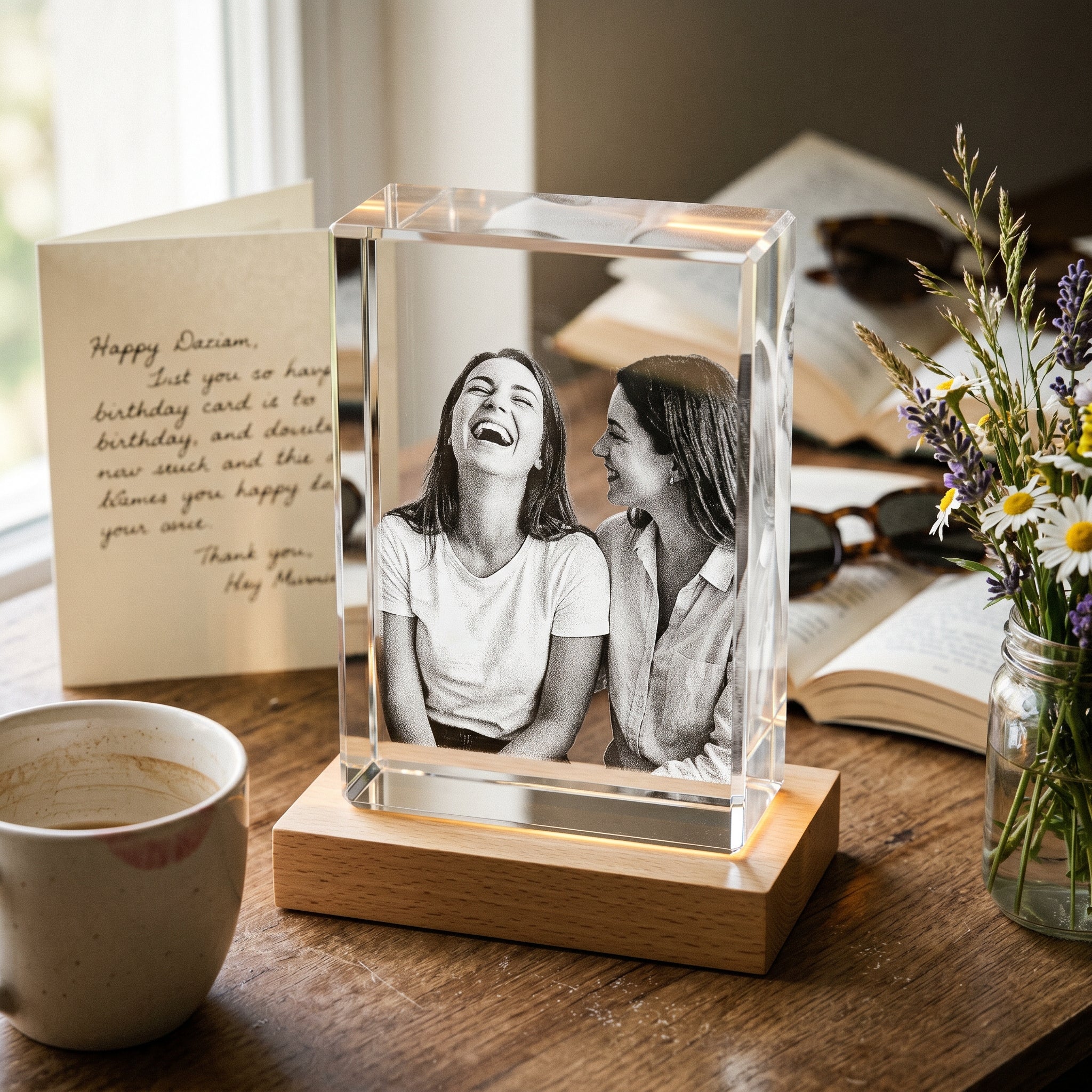 Natural blonde rectangle 3D Crystal engraved with candid two best friends mid-laugh in pure grayscale, wood console with birthday card and wildflowers
