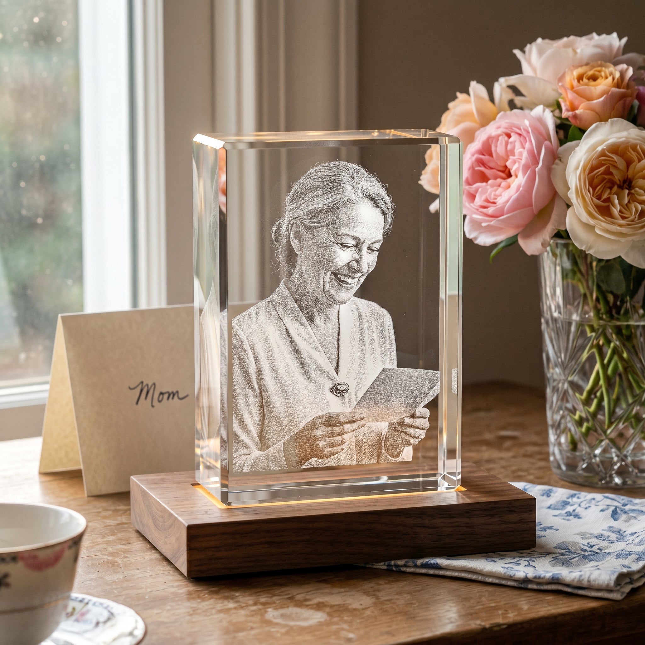 Walnut rectangle 3D Crystal engraved with candid mother-in-law mid-laugh in pure grayscale, dining sideboard with thank-you card and garden roses