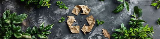 Crumpled brown paper arranged in the shape of a recycle symbol, surrounded by fresh green leaves on a dark textured background