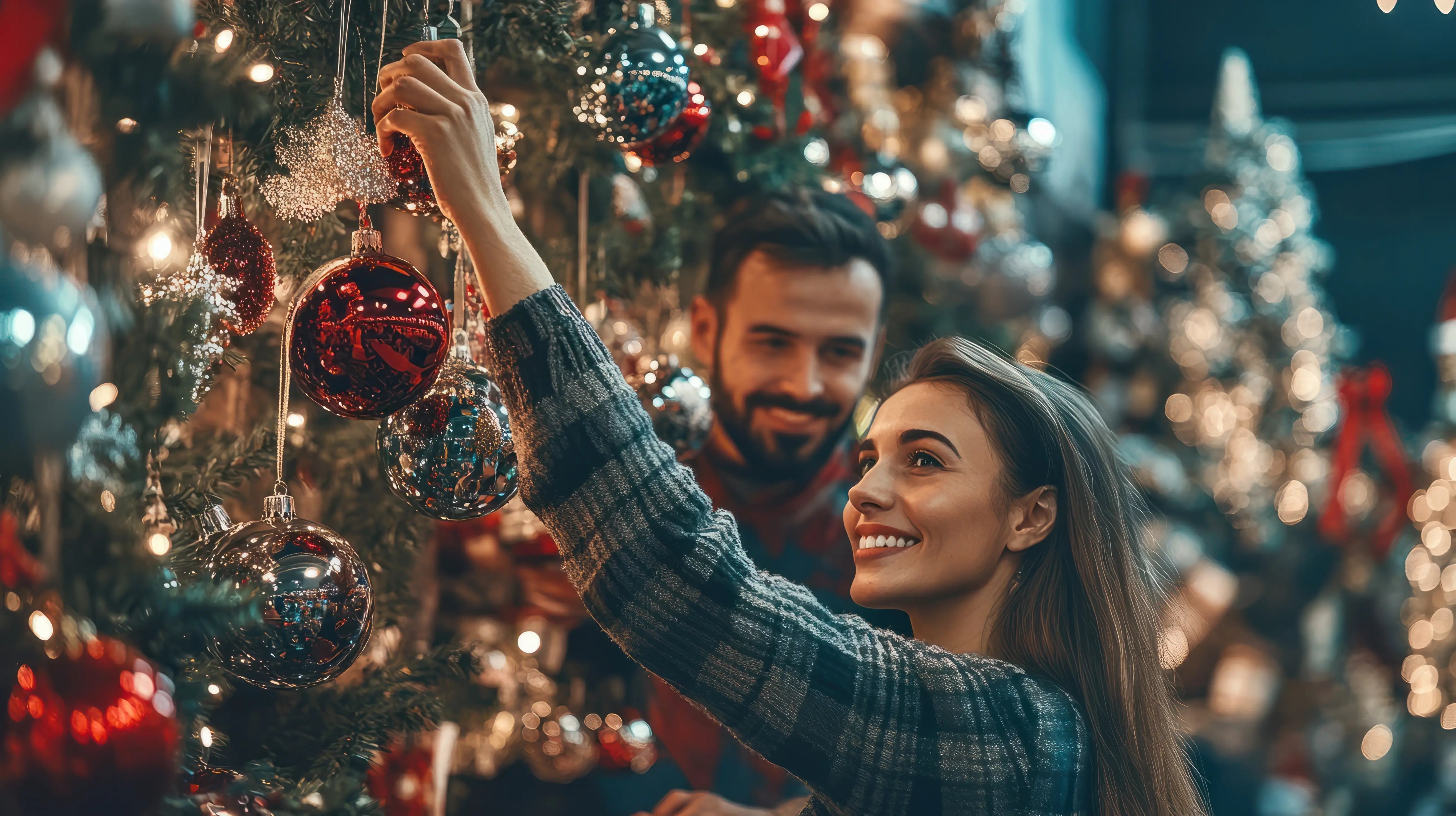 A smiling woman hangs a shiny red ornament on a Christmas tree, with a man behind her watching warmly, both surrounded by spar