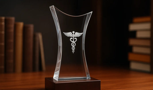3D Crystal Award from Beyond Memories for recognition gift over desk filled with books