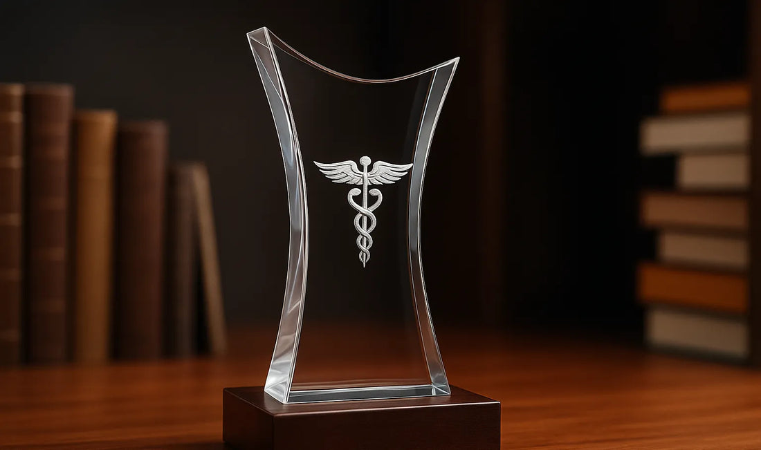 Elegant crystal award with a 3D engraving of the caduceus medical symbol, placed on a dark wooden base, set against a backgrou