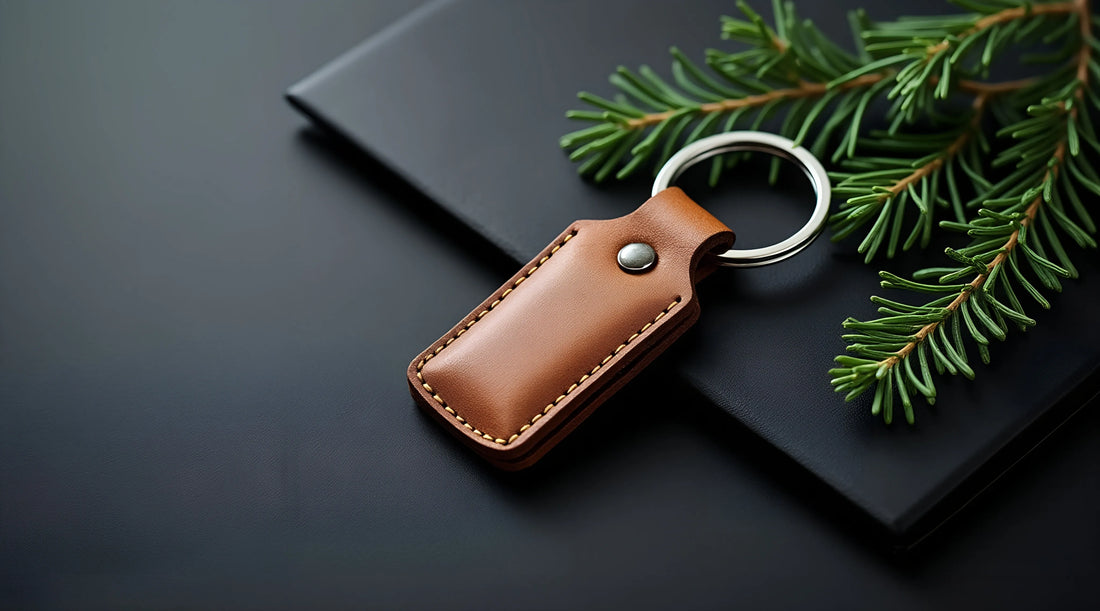 A smooth brown leather keychain with a metal button snap, placed on a dark matte surface beside evergreen foliage, evoking a h