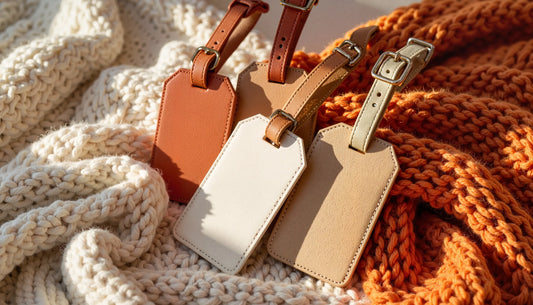 Three neutral-toned leather luggage tags—tan, cream, and light brown—resting on cozy knitted blankets in cream and burnt orang