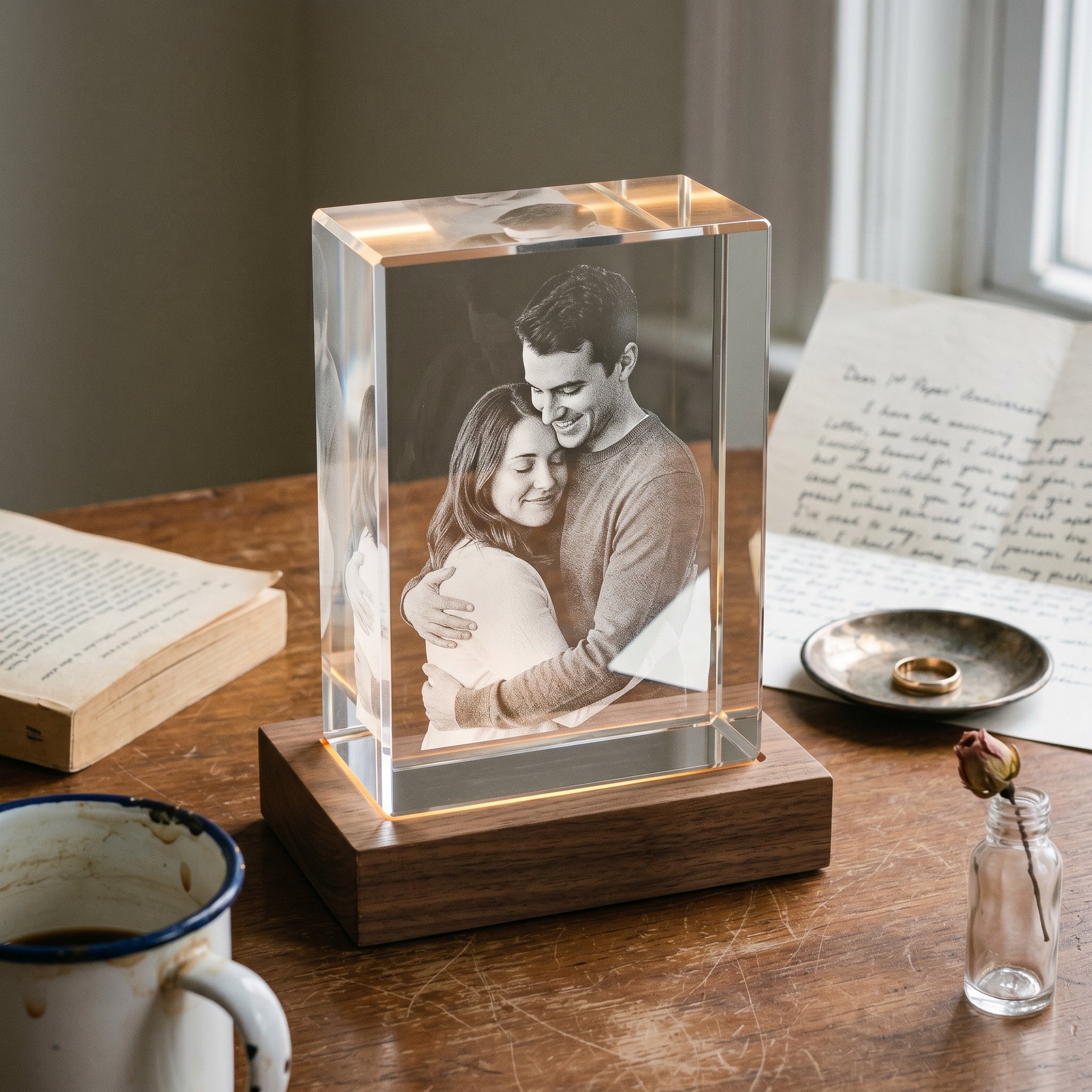 Walnut rectangle 3D Crystal with grayscale candid newlywed hug, paper anniversary letter and gold band on a writing desk for a 1st paper anniversary