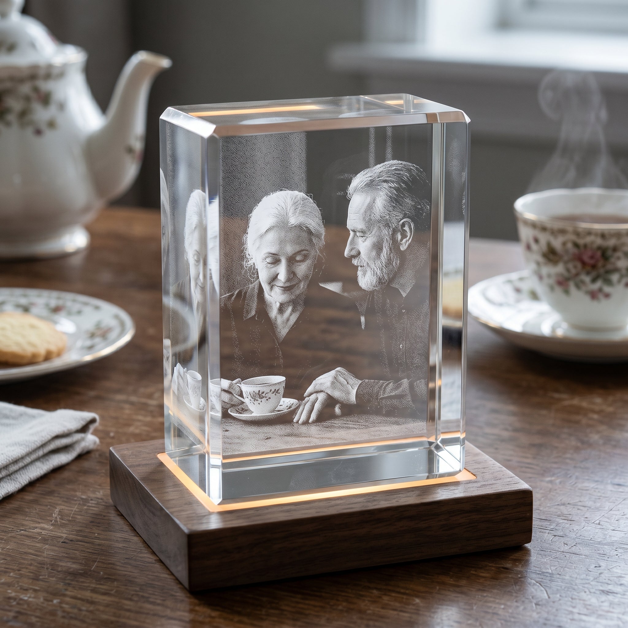 Walnut rectangle 3D Crystal with candid older couple at tea engraved in pure grayscale, delicate bone china teacup and teapot on an afternoon table for a 36th anniversary scene