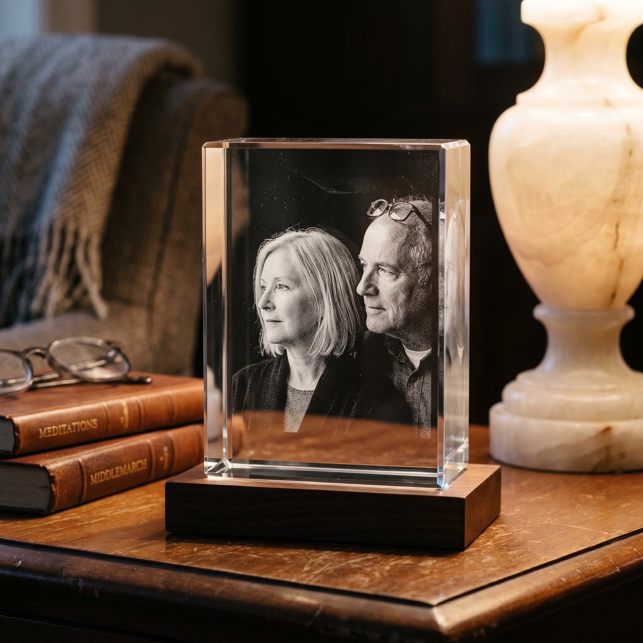 Walnut rectangle 3D Crystal with candid older couple at the window engraved in pure grayscale, pale alabaster lamp on a dusk reading nook for a 37th anniversary scene