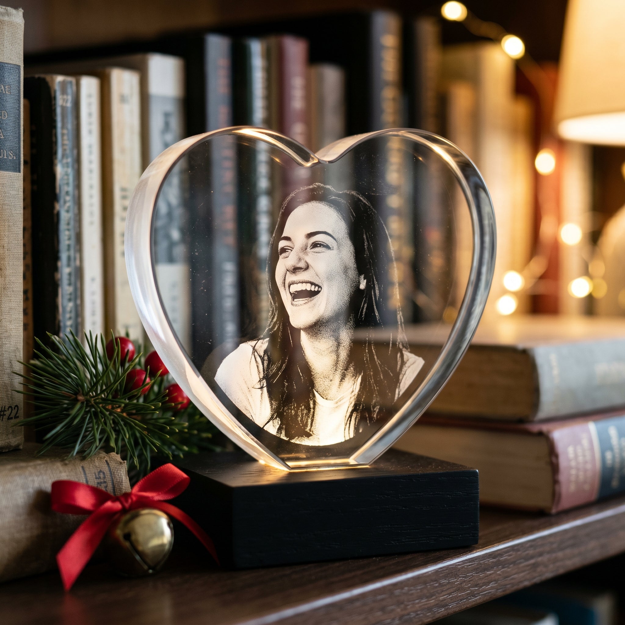 BM heart memory crystal engraved with young woman late 20s mid-laugh on BLACK Premium wood light base