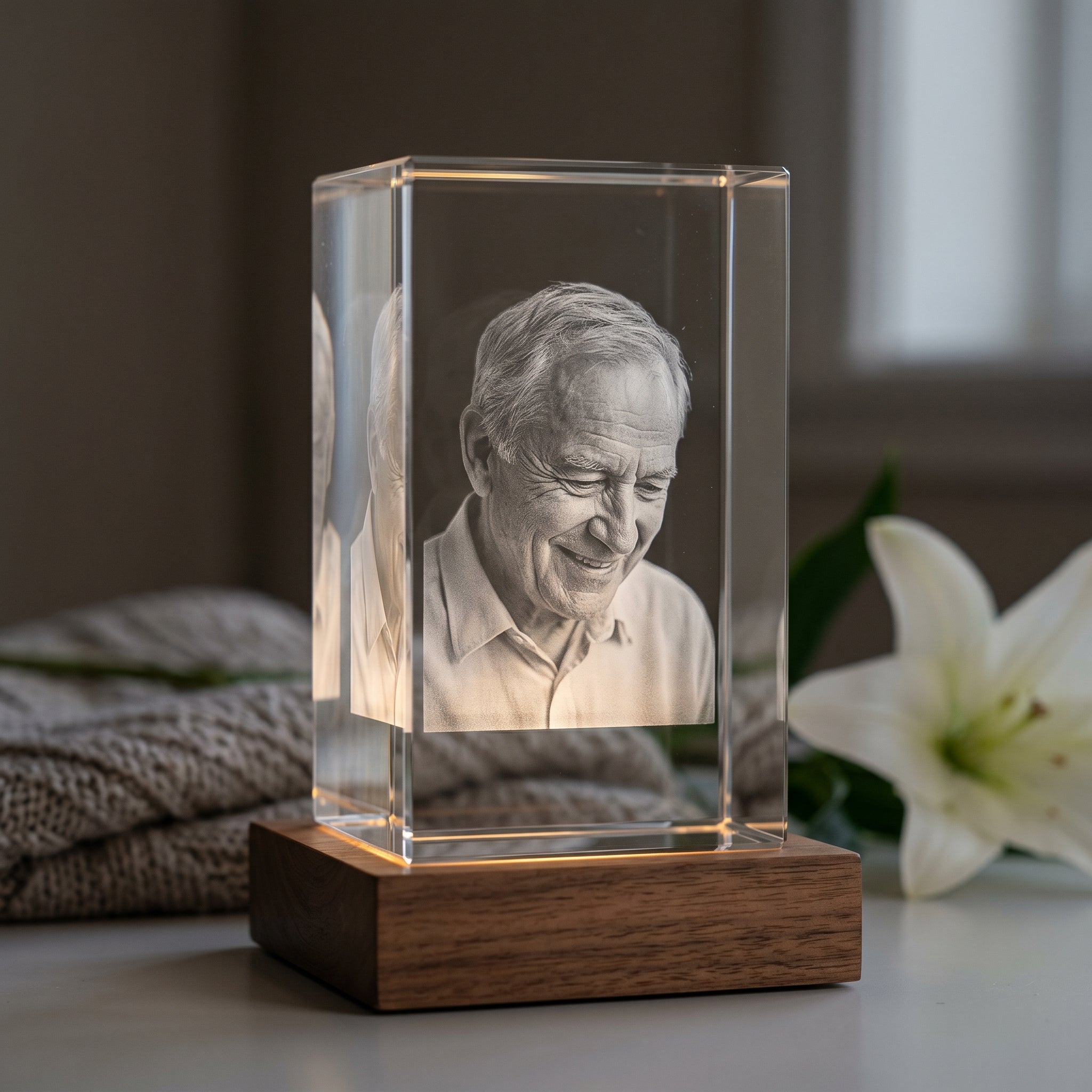 Beyond Memories 3D crystal with engraved candid older man, on warm wood base with folded knit throw and white lily in soft bokeh.