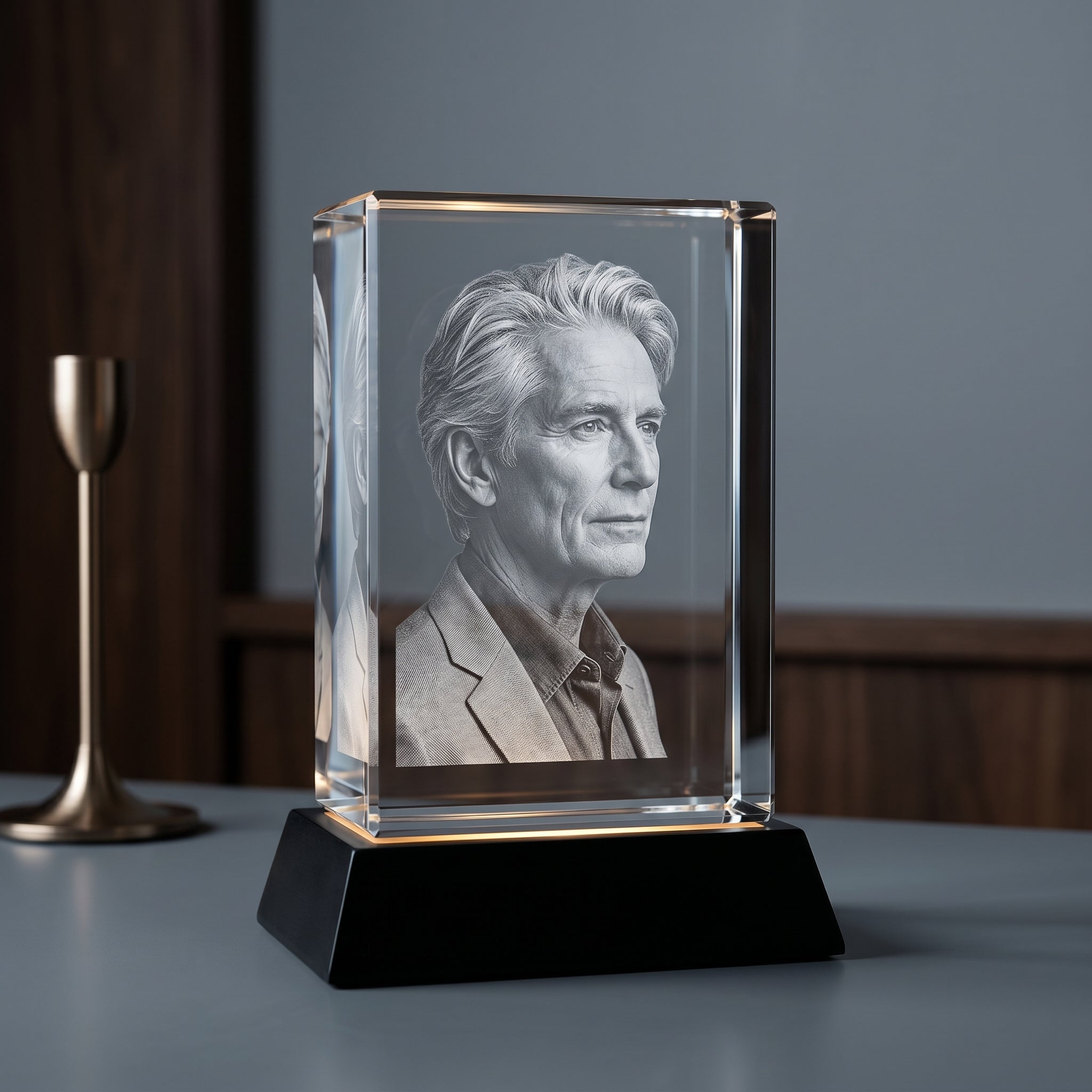 BM rectangle 3D crystal portrait on slate console with brushed bronze candleholder, premium architectural birthday-gift mood