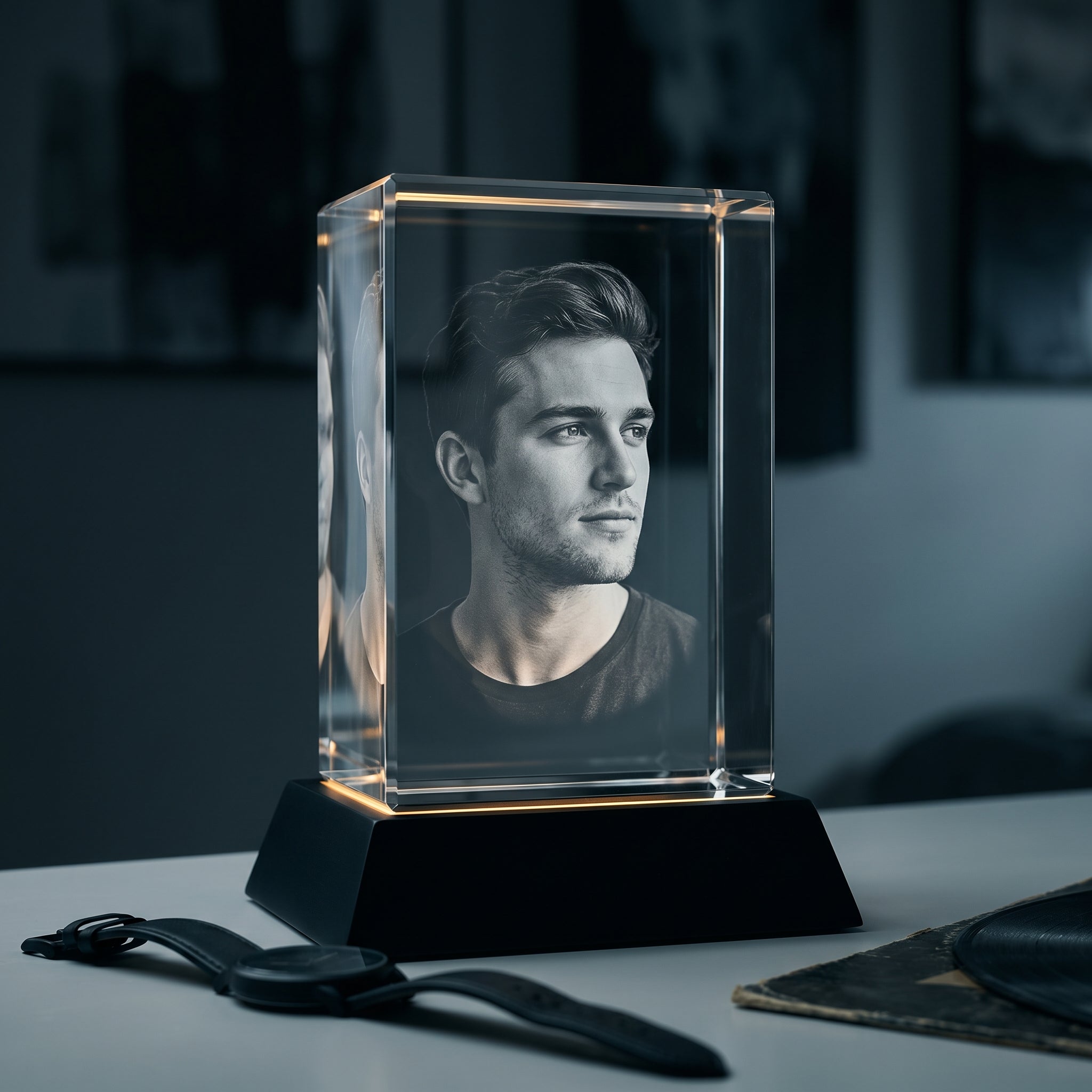 BM rectangle 3D crystal of solo young man 3/4 profile portrait, black premium base on minimal modern dresser with leather watch and vinyl record, masculine moody fashion editorial mood