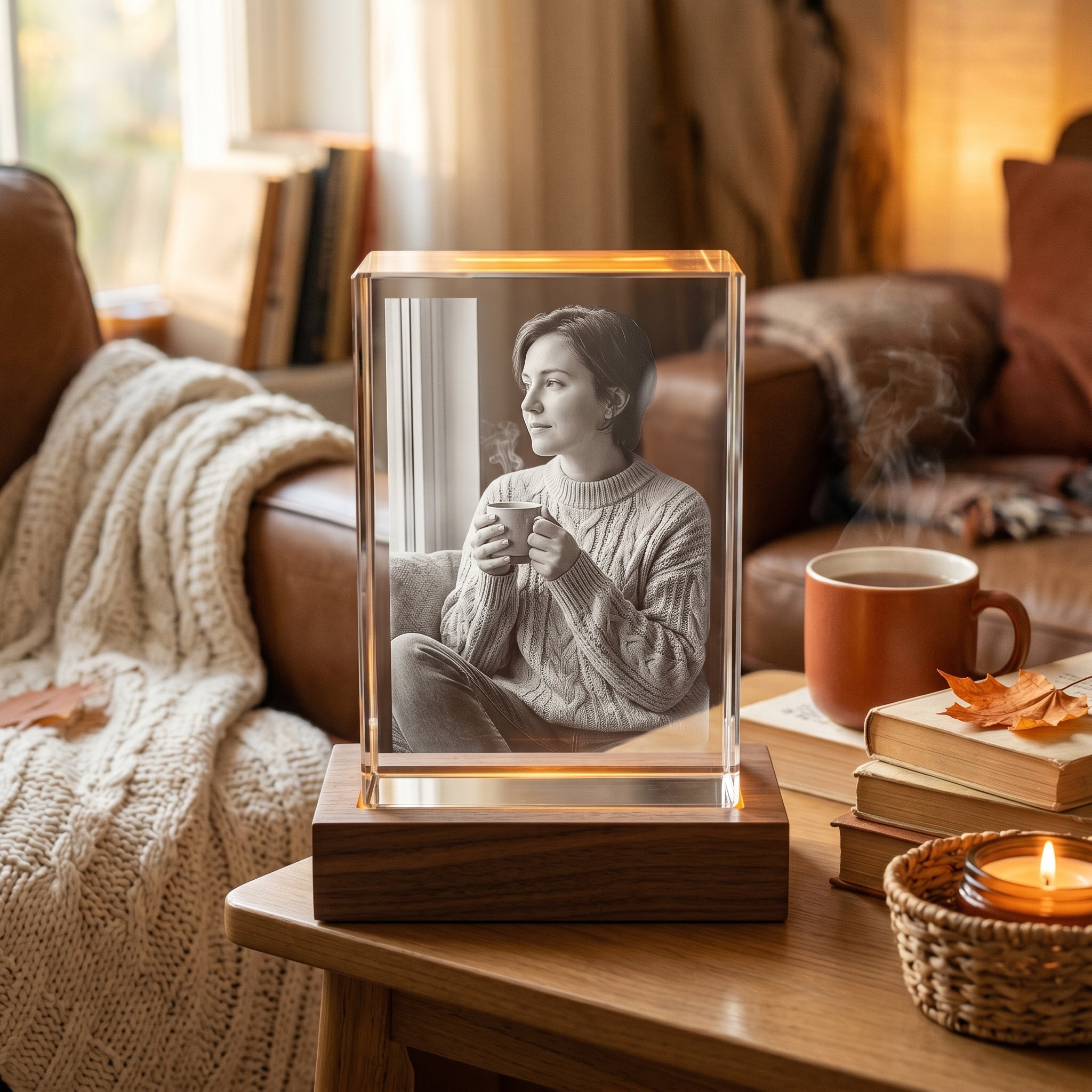 BM rectangle 3D crystal of person in cozy knitwear holding mug looking out window, walnut base on coffee table with cream throw, leather chair, autumn leaf, candle, golden October light