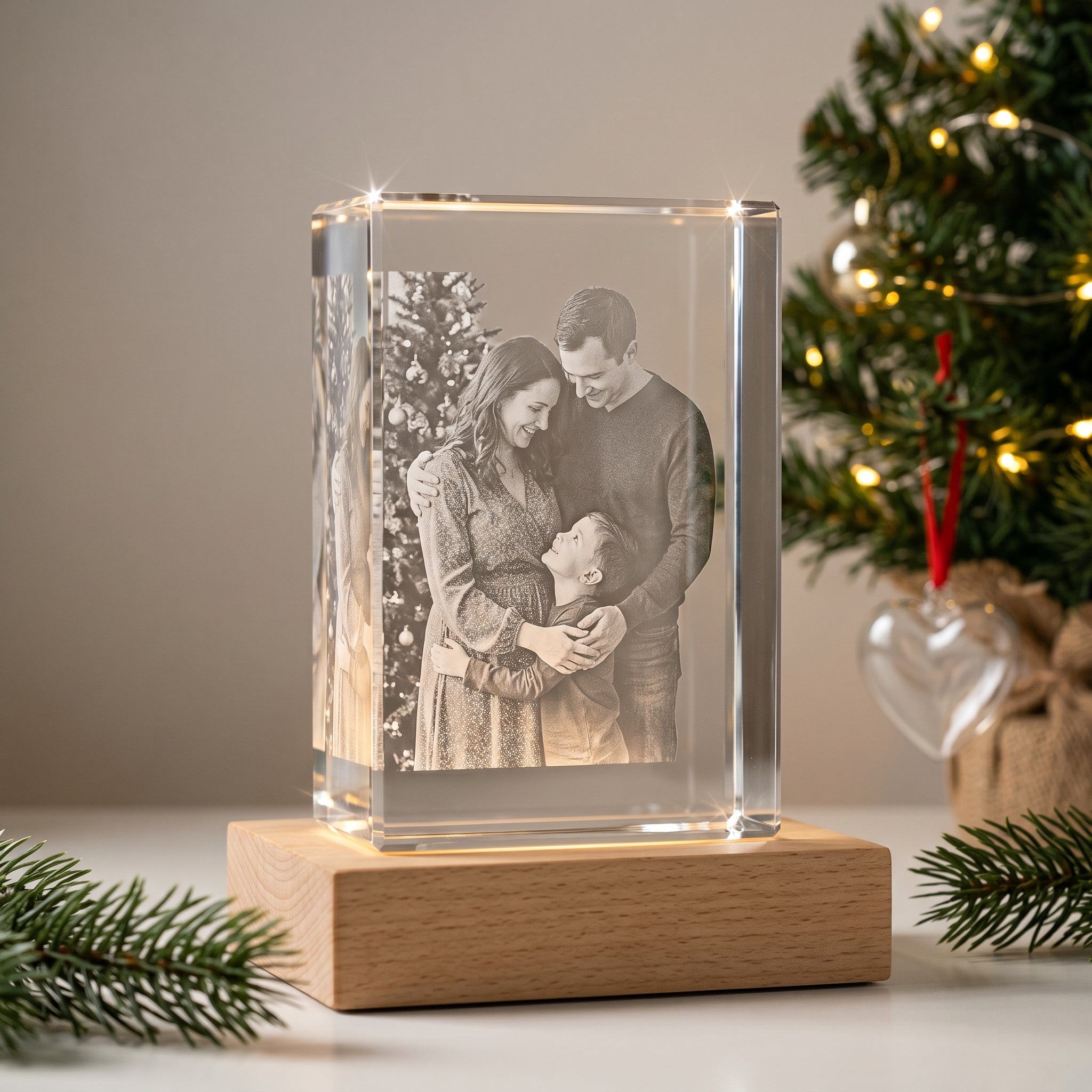 Beyond Memories rectangle 3D crystal on natural wood base beside a small heart 2D ornament on red ribbon with tabletop Christmas tree fairy lights in soft bokeh.