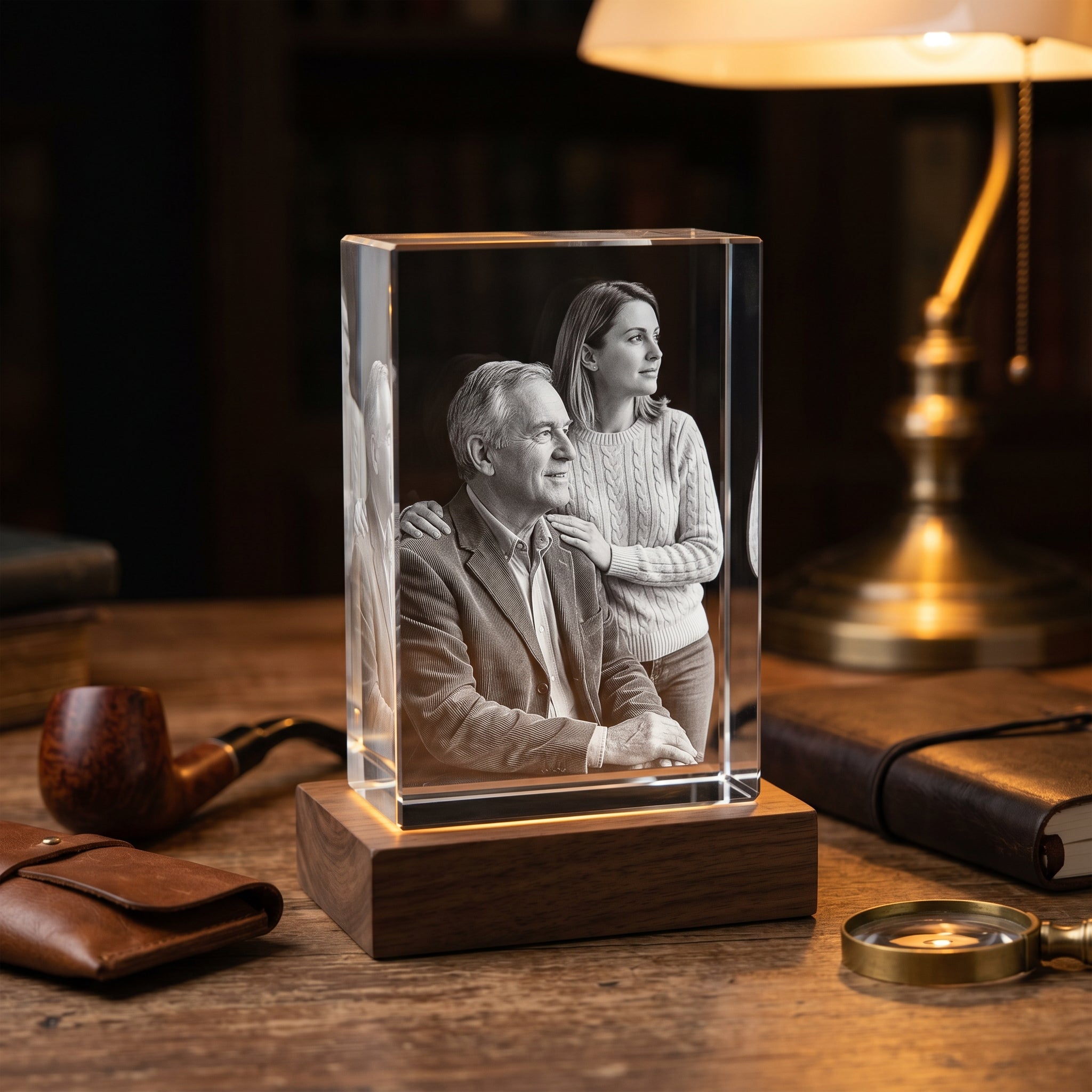 BM rectangle 3D crystal of older dad with adult daughter looking off-frame, walnut base on home study desk with briar pipe, leather wallet, brass desk lamp, magnifier, painterly amber light