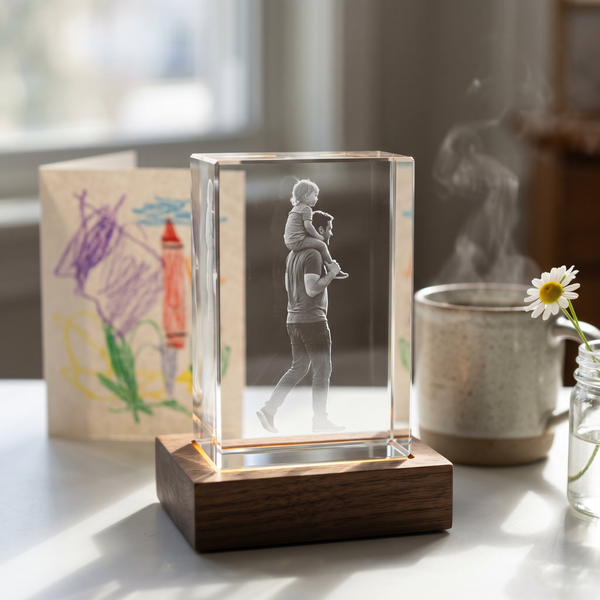 BM rectangle 3D crystal of dad with young child on shoulders captured from side, walnut base on breakfast nook with kid drawing card, steaming coffee mug, daisy in jar, Sunday morning light