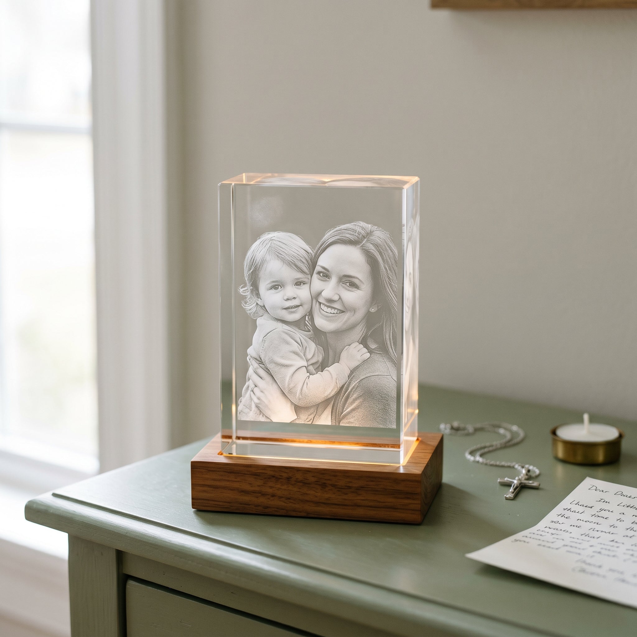 Beyond Memories rectangle 3D photo crystal engraved with a smiling godparent holding her young godchild cheek-to-cheek, on a Rosewood wood base on a sage-green console with a delicate silver cross, handwritten note, and small candle softly out of focus