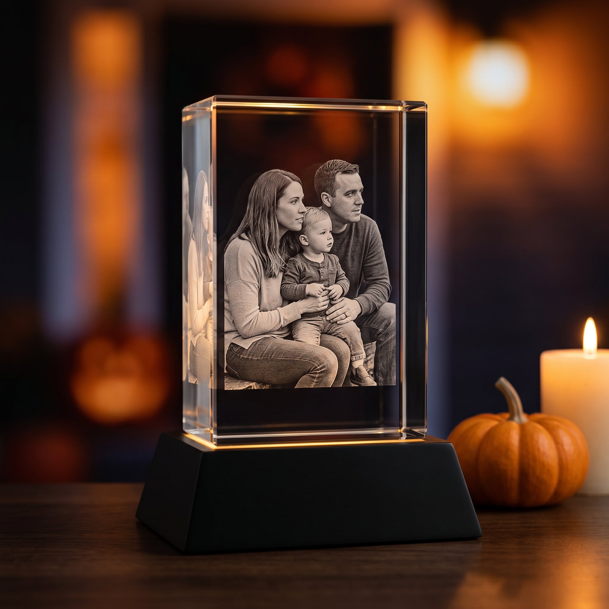 BM rectangle 3D crystal of family with toddler looking off-frame, black premium base on dark wood console with smooth heirloom pumpkin and lit candle, autumn dusk warm bokeh