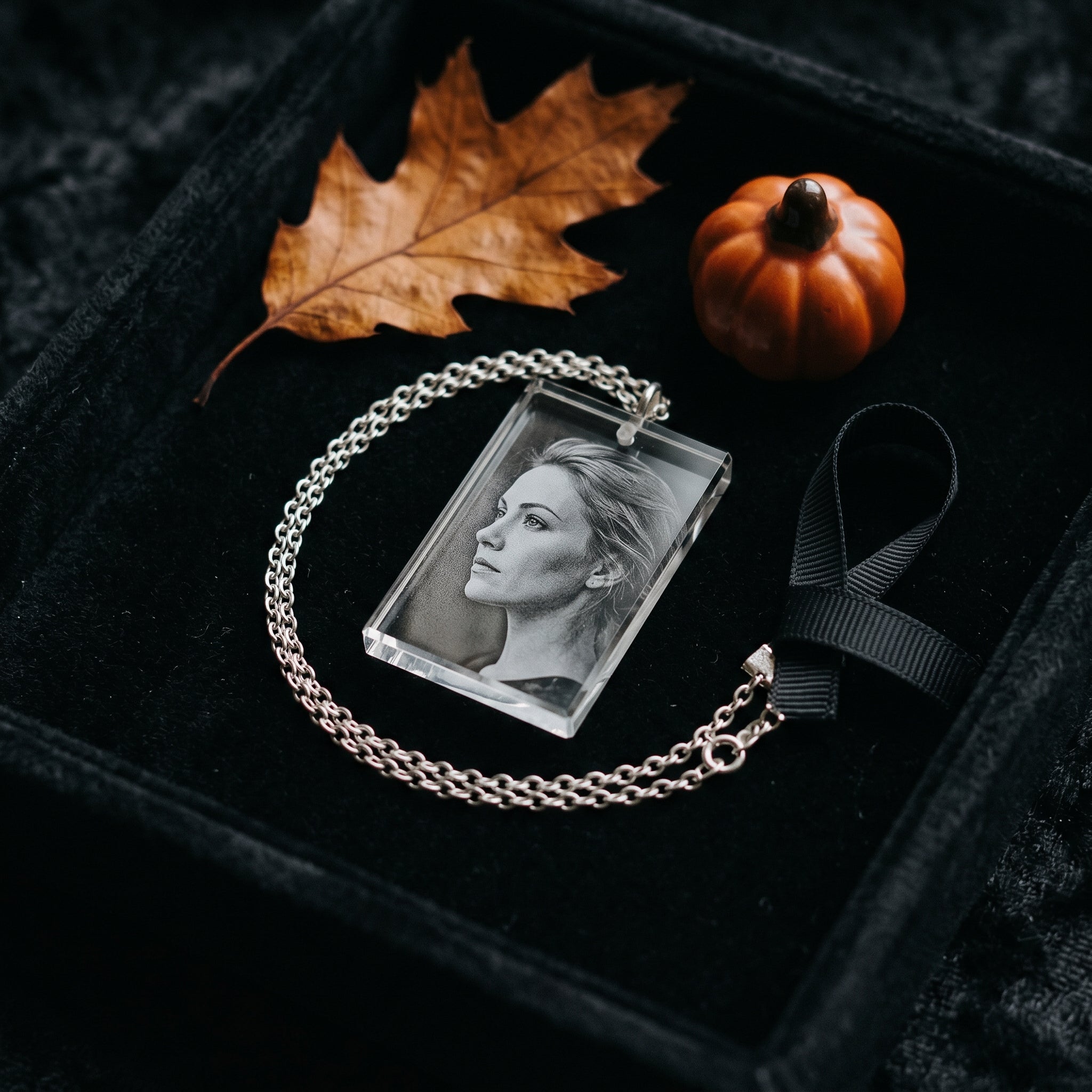BM 2D crystal pendant necklace with engraved woman portrait, on dark velvet jewelry tray with dried autumn oak leaf, mini pumpkin, black ribbon, moody Halloween macro