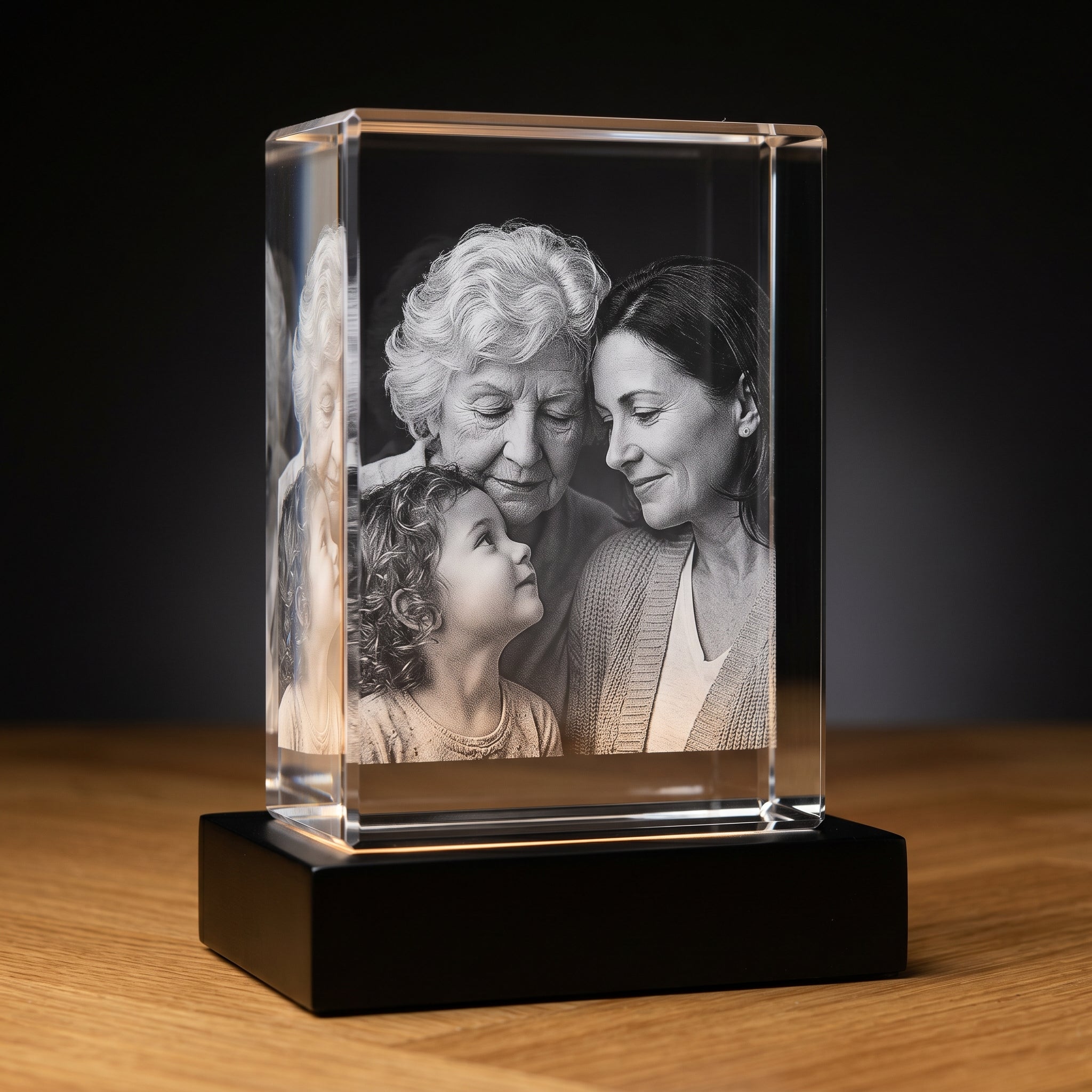 Macro view of a 3D Memory Crystal showing a laser-engraved grayscale portrait of a grandmother, mother, and grandchild on a black wood base.