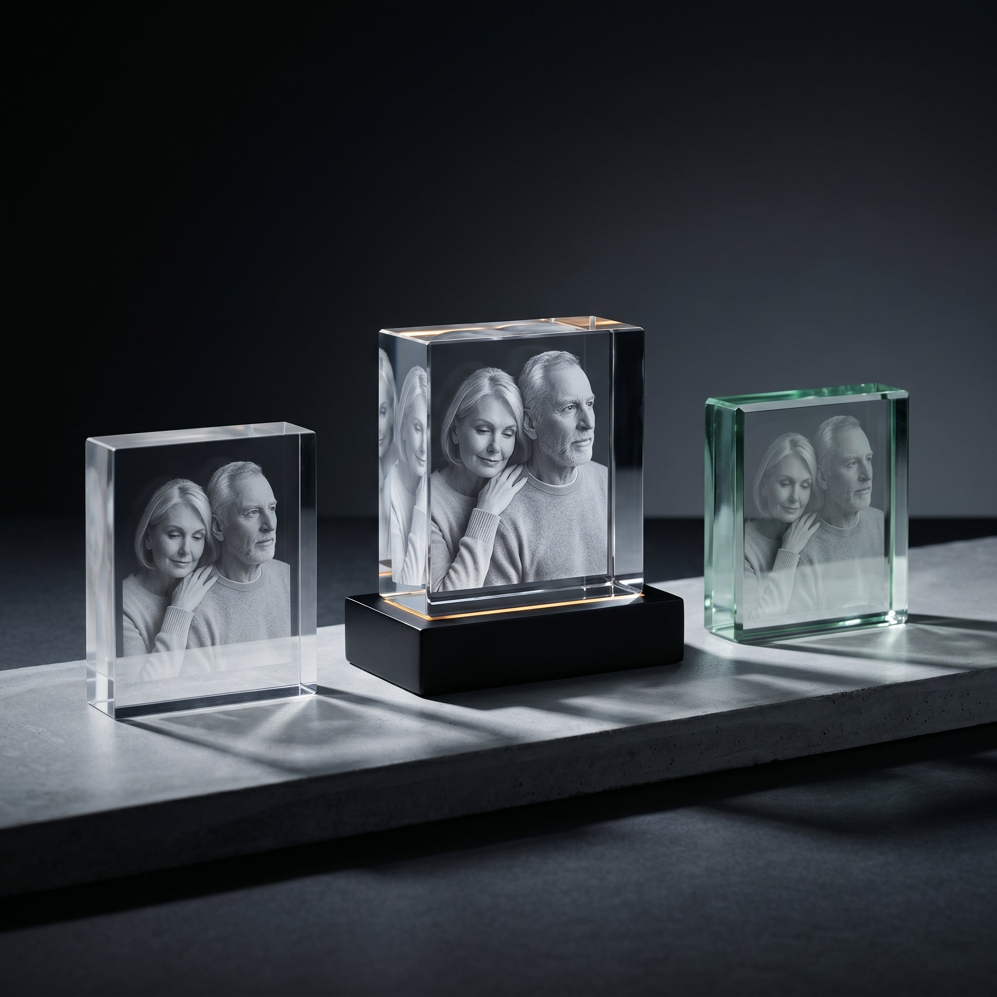 Three small clear blocks compared on a concrete slab: K9 crystal with engraved couple on a black wood base, acrylic, and faintly green soda-lime glass.