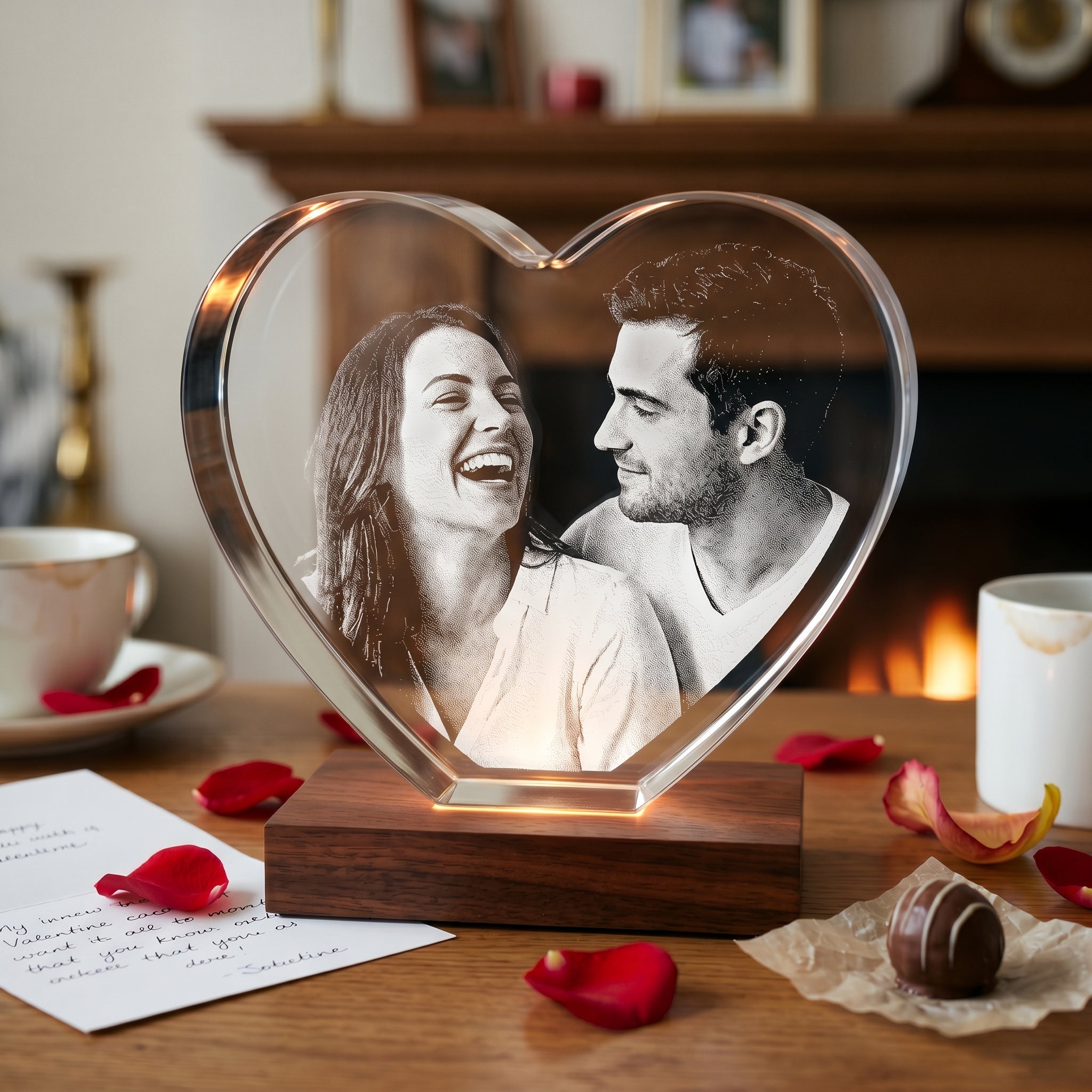 BM heart memory crystal engraved with couple late 20s candid on rosewood Premium wood light base