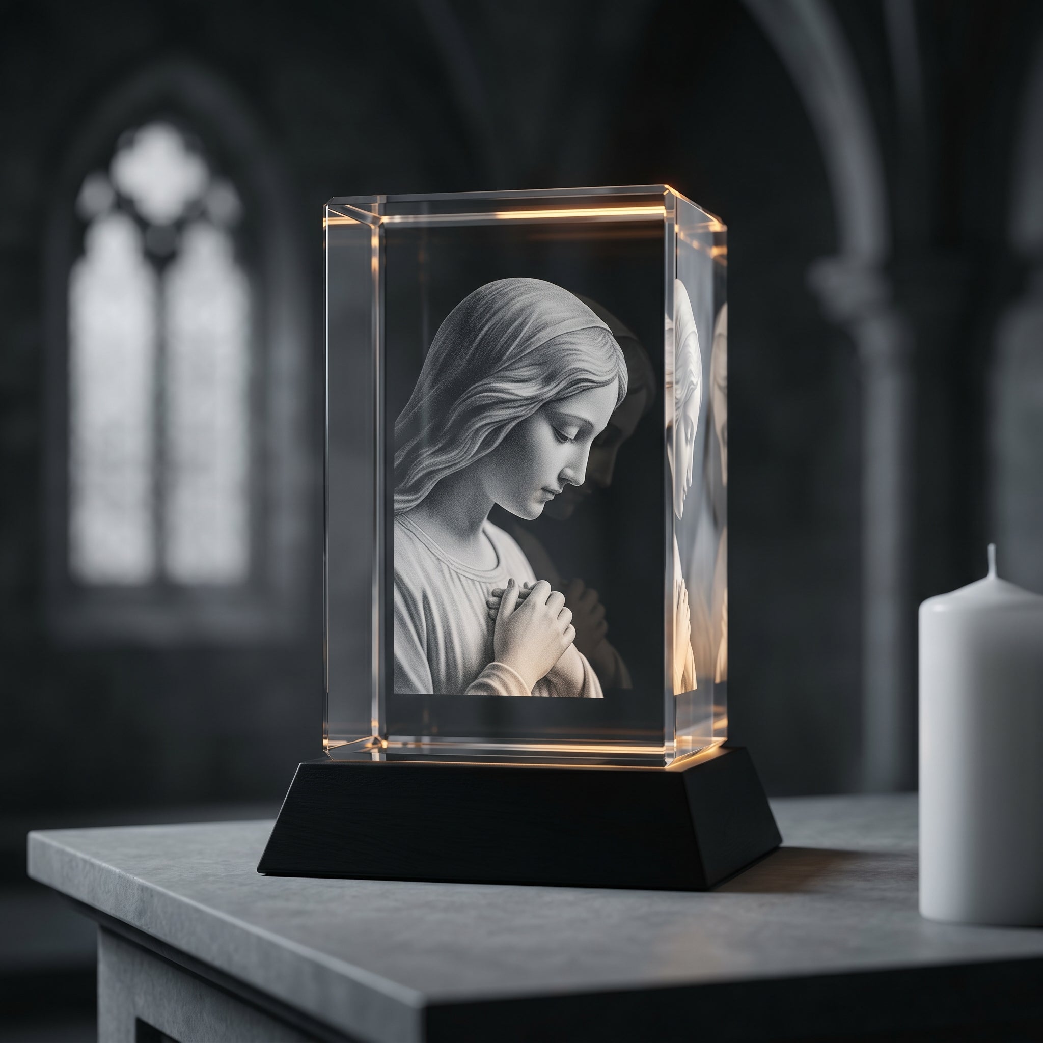 BM rectangle 3D crystal of saint-like figure with lowered eyes hands folded, black premium base on stone-grey console with white pillar candle, cathedral arch windows bokeh, severe directional light