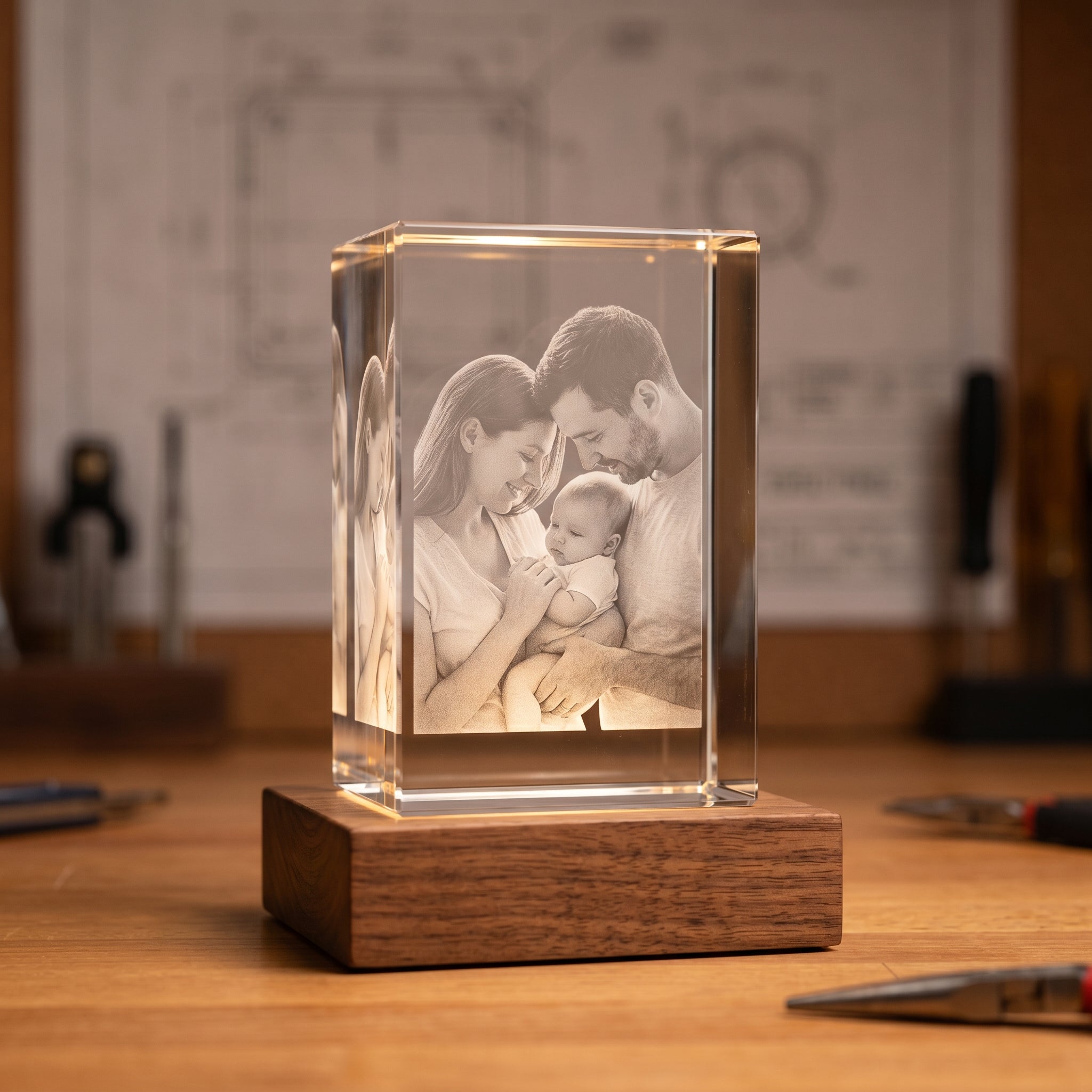 Beyond Memories 3D crystal with engraved candid family of three on warm walnut base, technical schematic in soft bokeh.