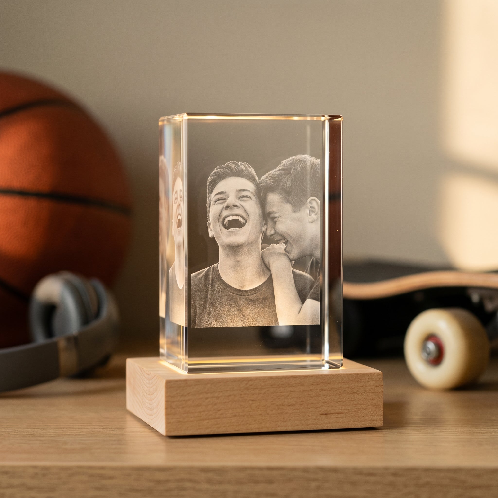 Beyond Memories 3D crystal with engraved candid teen boys laughing, on blonde wood base with basketball, headphones, skateboard in bokeh.