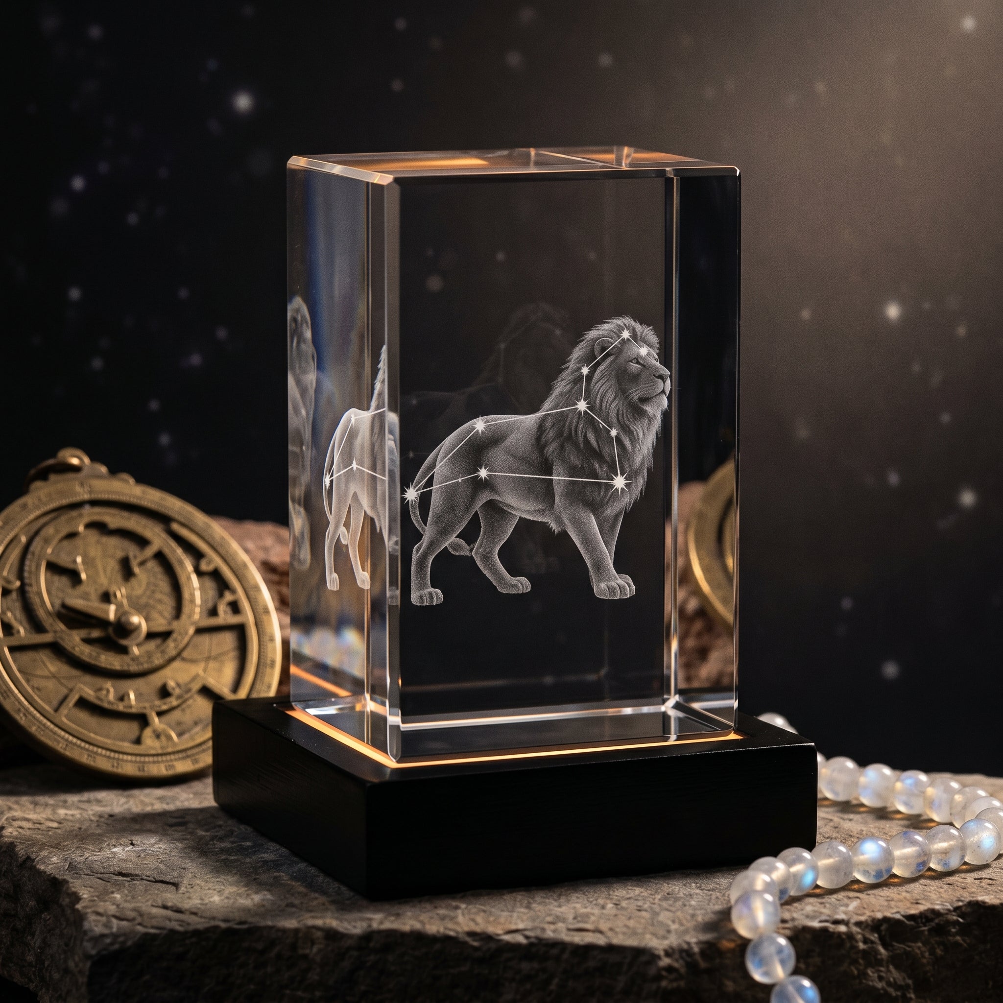 Beyond Memories 3D crystal with engraved Leo zodiac lion and constellation, black base, brass astrolabe and moonstone beads