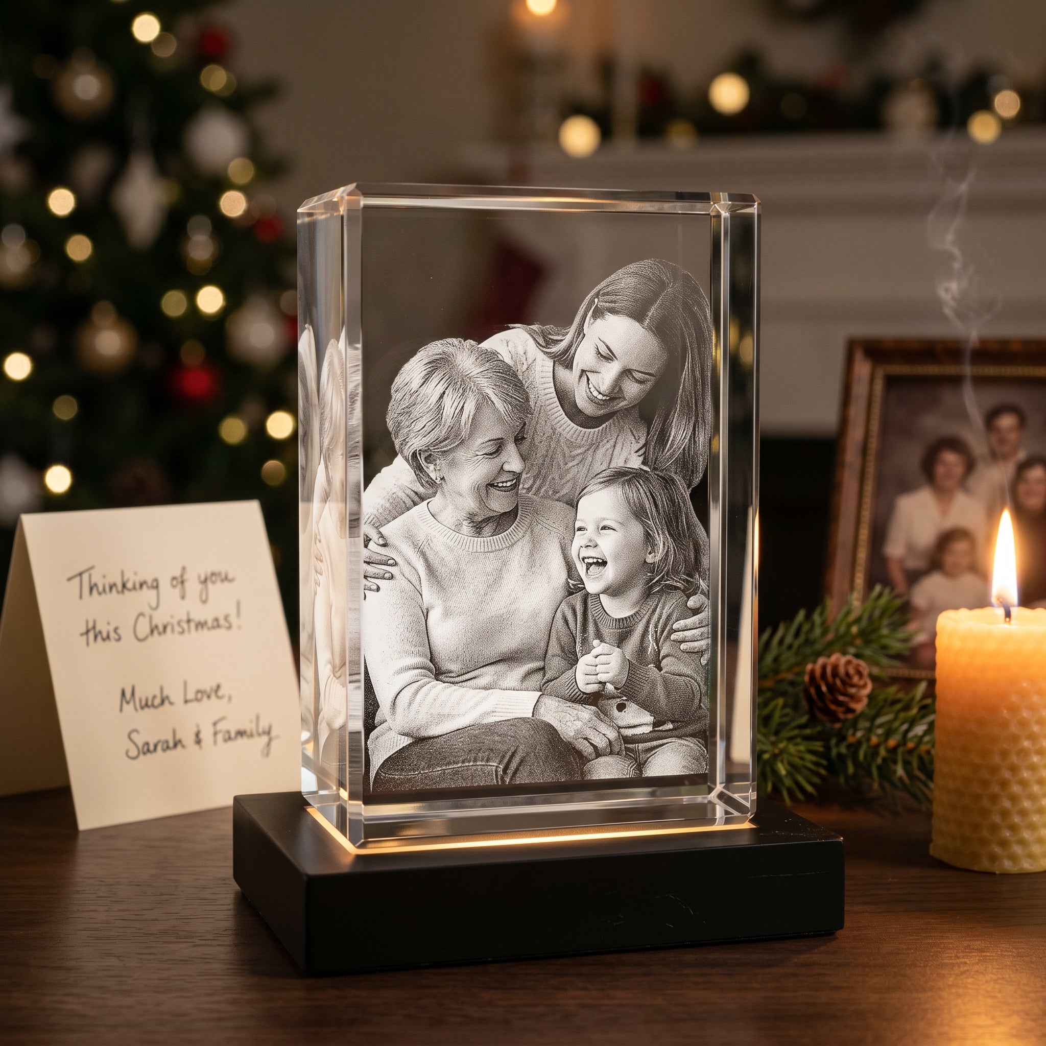 Black Premium rectangle 3D Crystal engraved with candid intergenerational Christmas family in pure grayscale, elegant mantle with card and lit candle