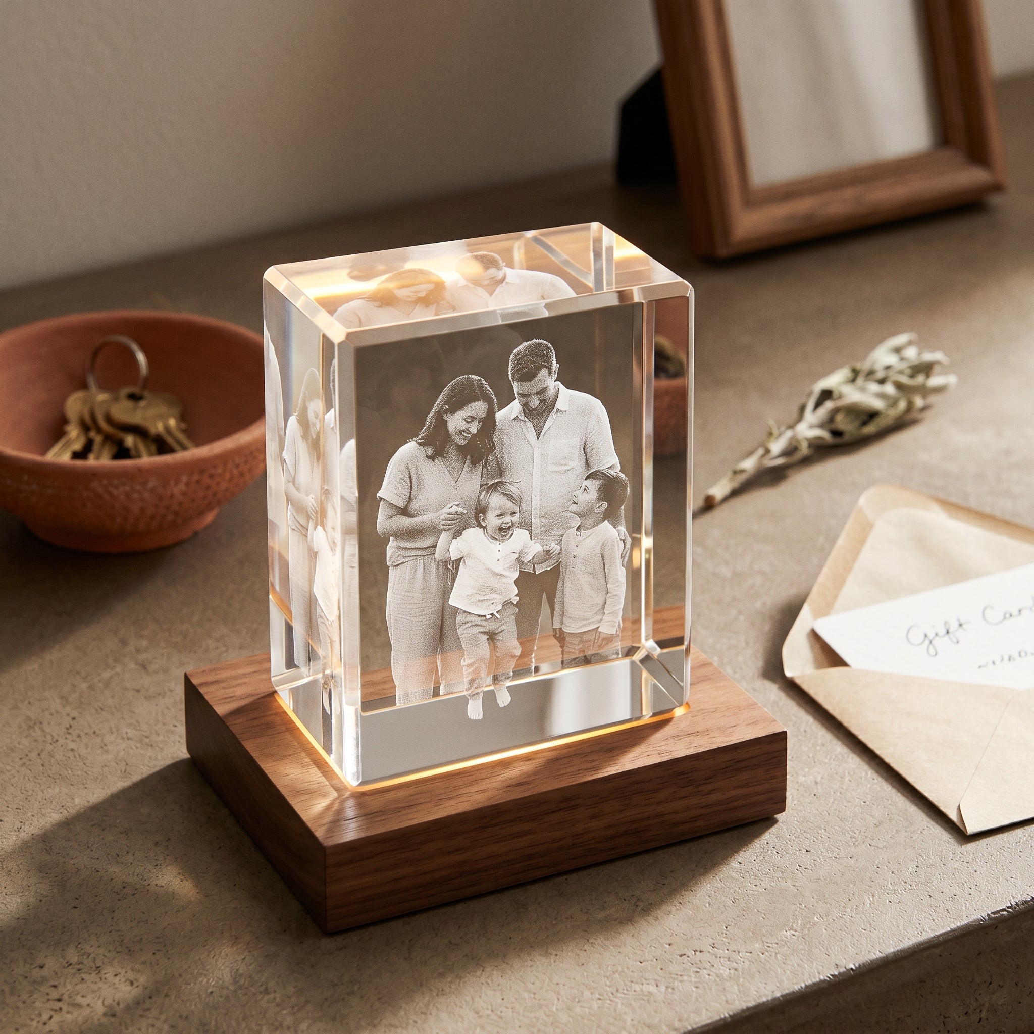 Rosewood rectangle custom crystal photo frame hero on entryway console, candid family-of-four engraving in pure grayscale, brass keys and dried sage