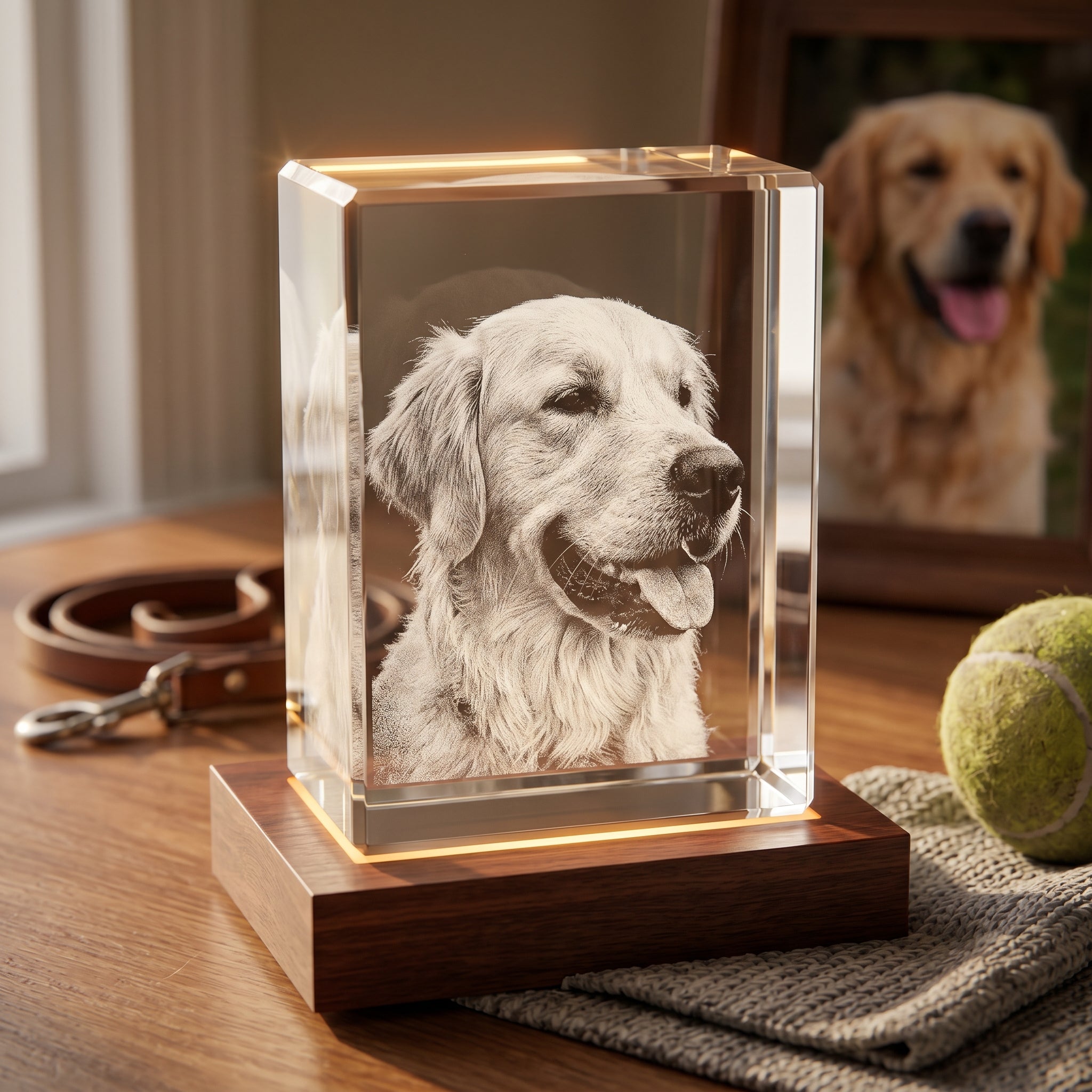 Rosewood rectangle 3D Crystal engraved with candid golden retriever portrait in pure grayscale, pet keepsake hallway console with leash and tennis ball