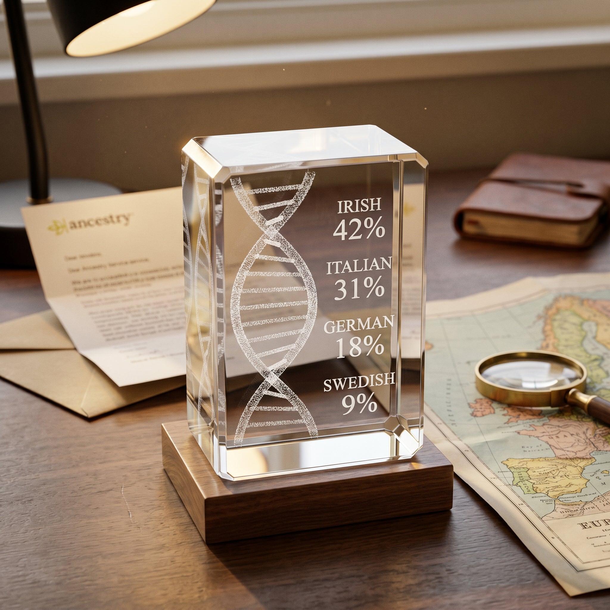 Walnut rectangle 3D Crystal engraved with DNA art and ancestry breakdown in pure grayscale, home office with vintage map and brass magnifying glass