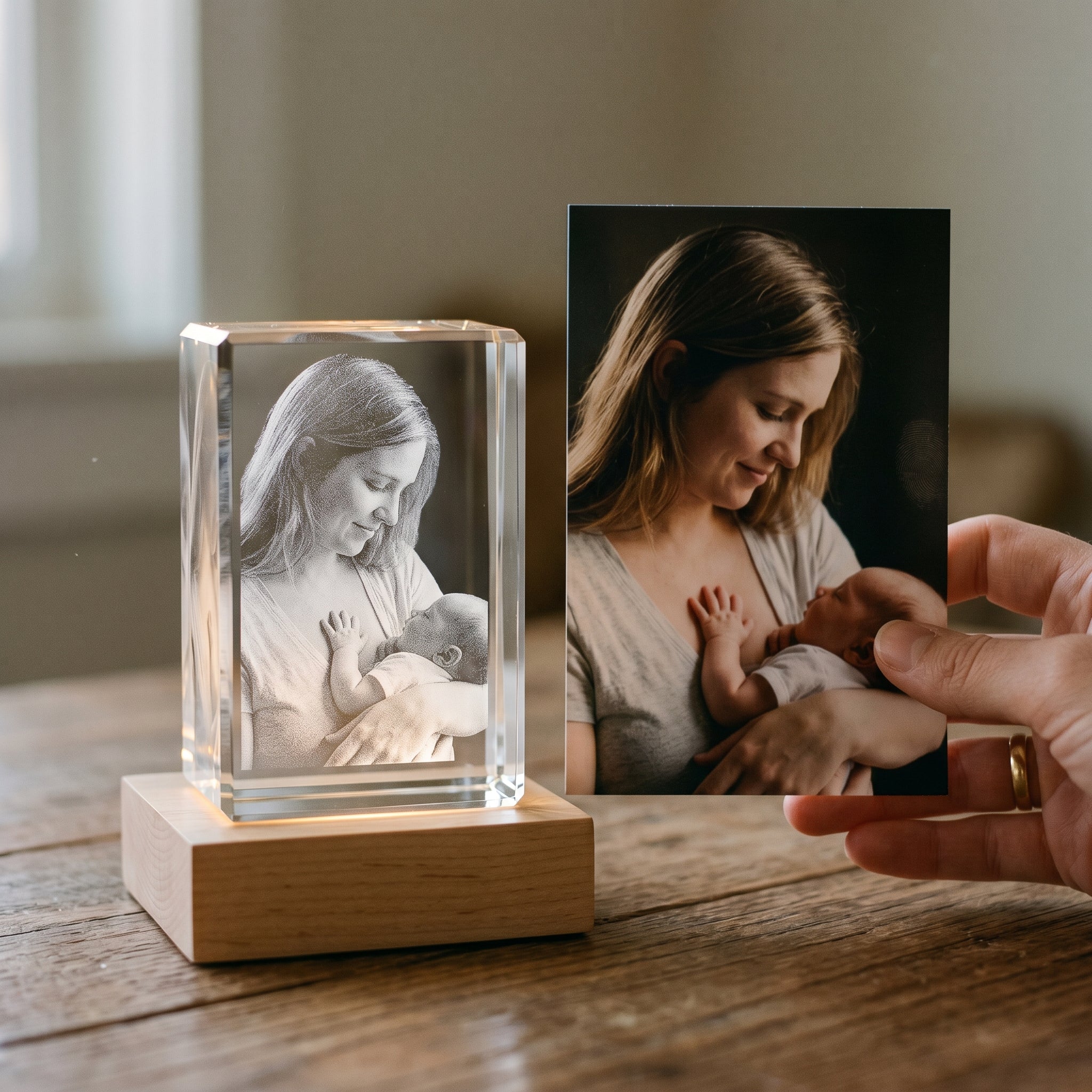 Natural blonde rectangle 3D Crystal engraved with mother and infant in pure grayscale, hand in frame holding matching photo print for comparison