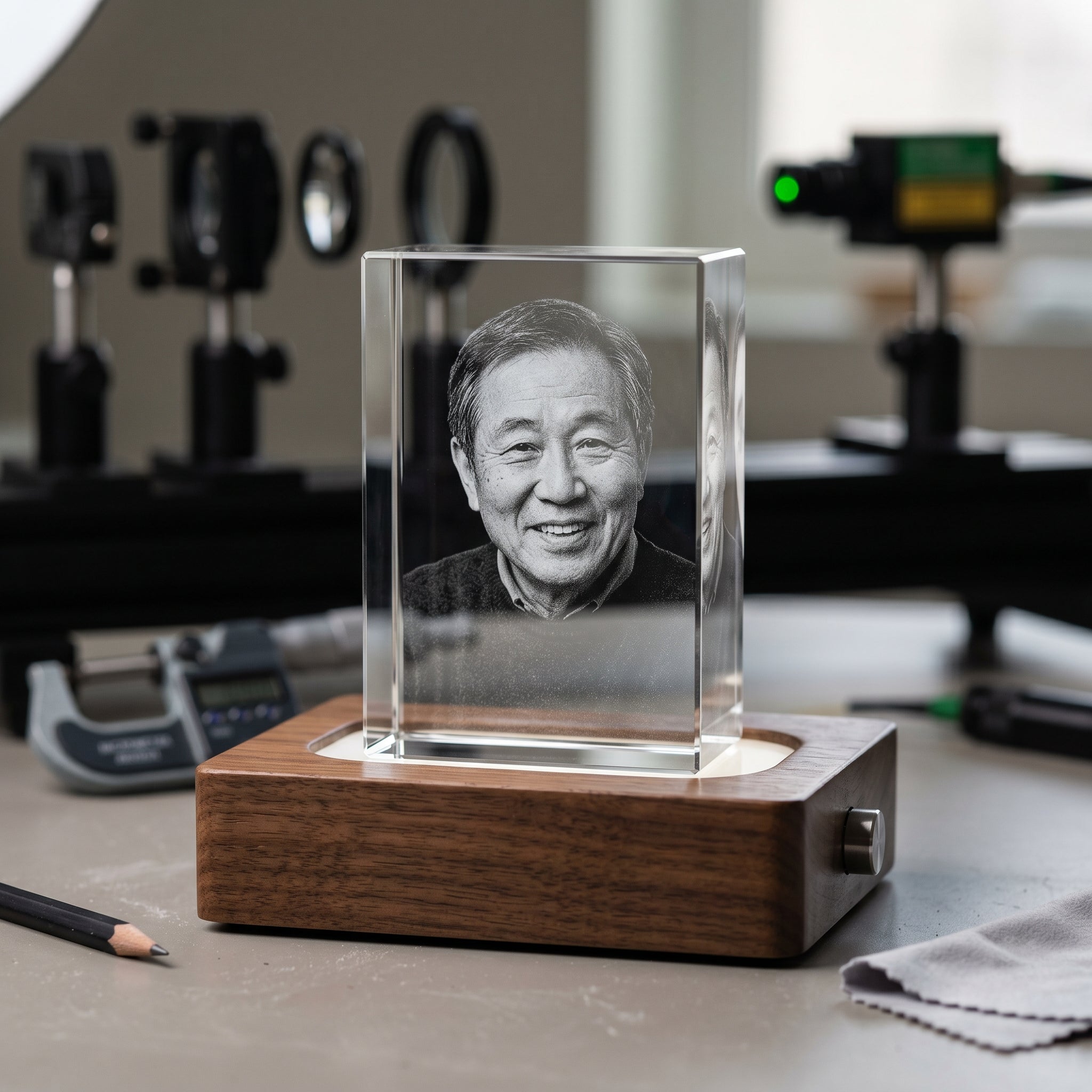 Macro view of BM 3D Memory Crystal engraving with point cloud film grain, candid older man portrait pure grayscale, blurred subsurface laser workshop