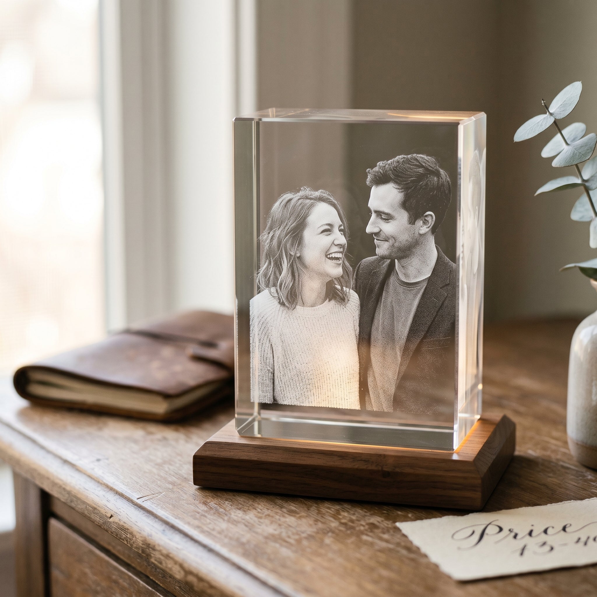Walnut rectangle 3D Photo Crystal hero with calligraphy price tag, candid couple engraving in pure grayscale, editorial cost-guide composition