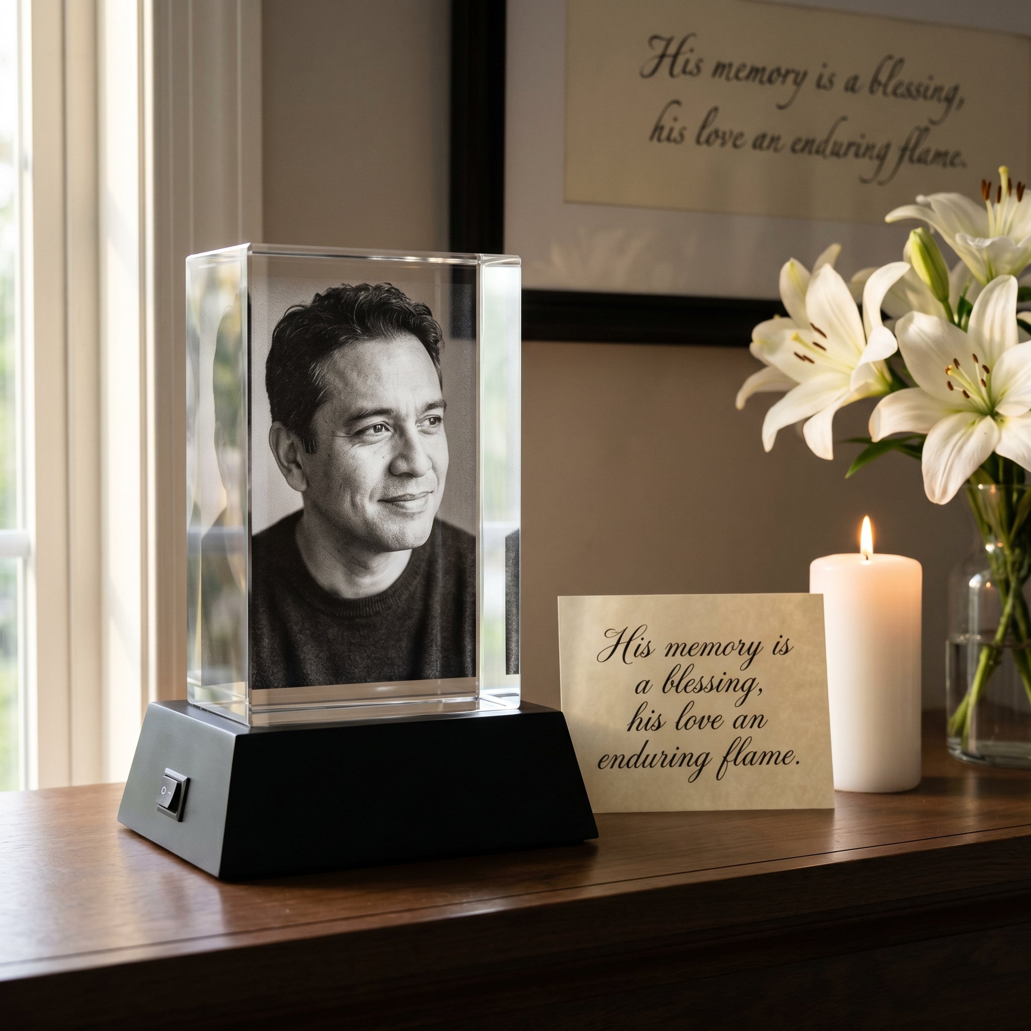 Black Premium Wood Light Base with rectangle 3D Memory Crystal engraved with candid 50s portrait in grayscale, mantle with framed quote candle white lilies