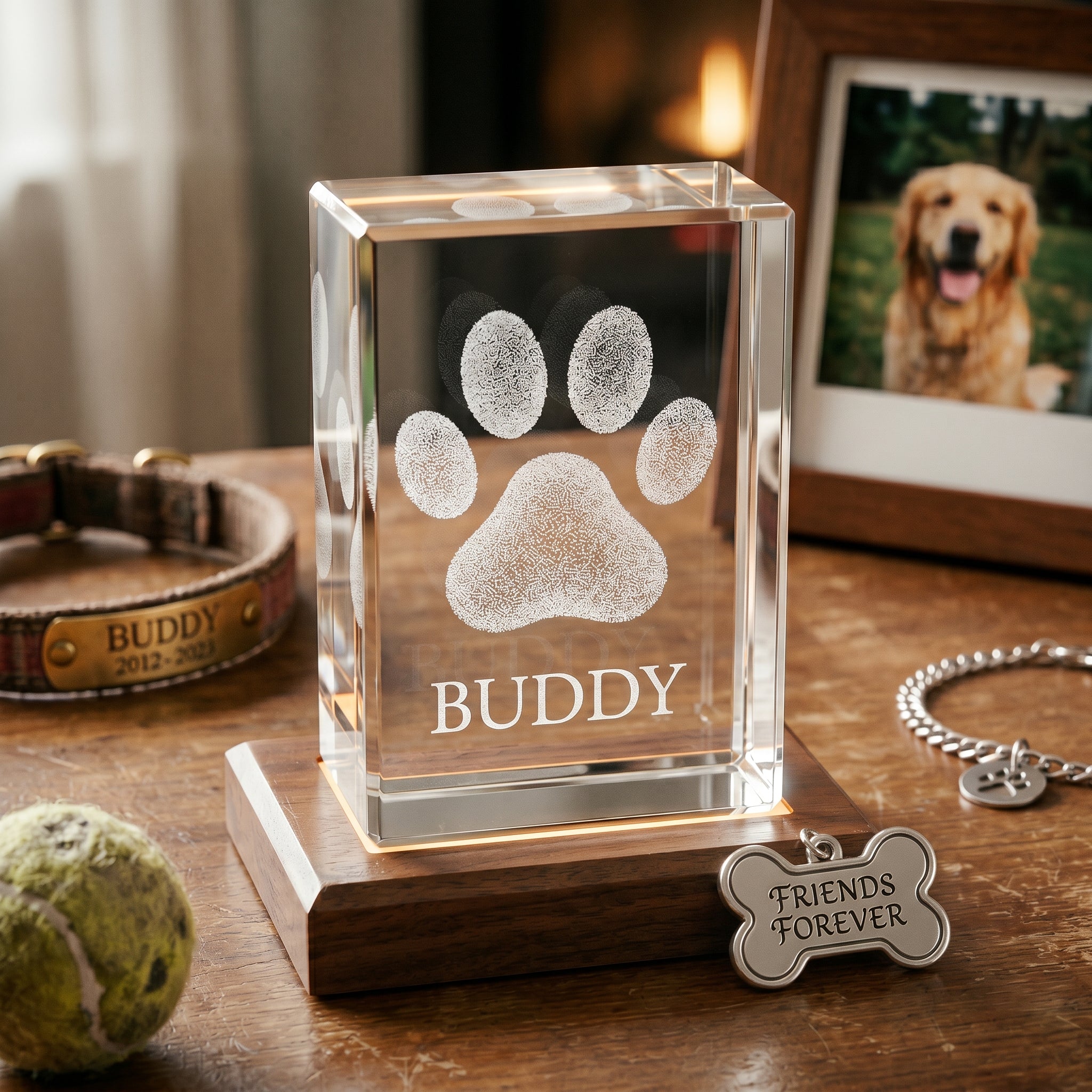 Walnut rectangle 3D Crystal engraved with pet paw print and name in pure grayscale, comparison scene with dog collar and silver paw bracelet