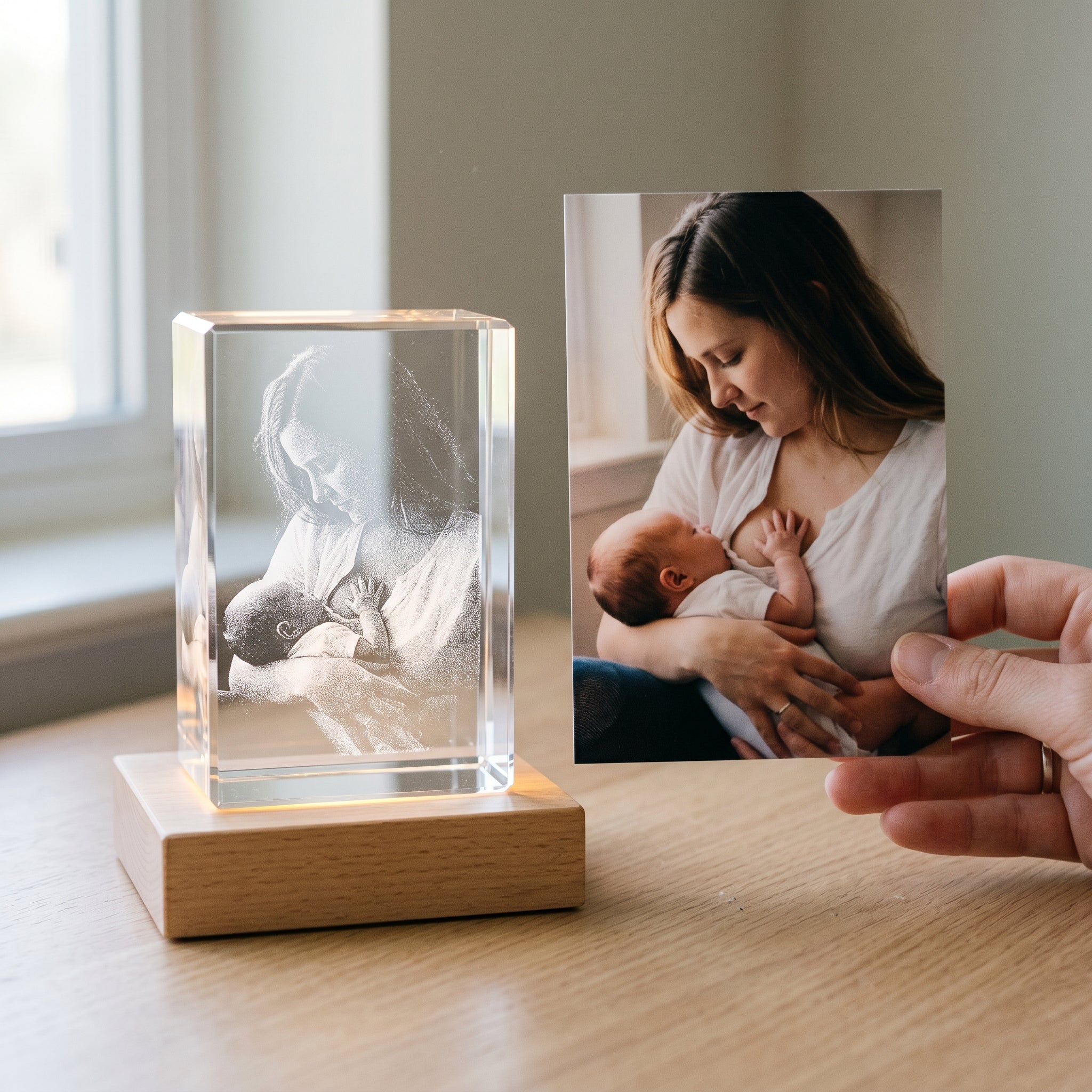 Natural blonde rectangle 3D Crystal with engraved mother and infant in pure grayscale, hand in frame holding matching photo print for comparison