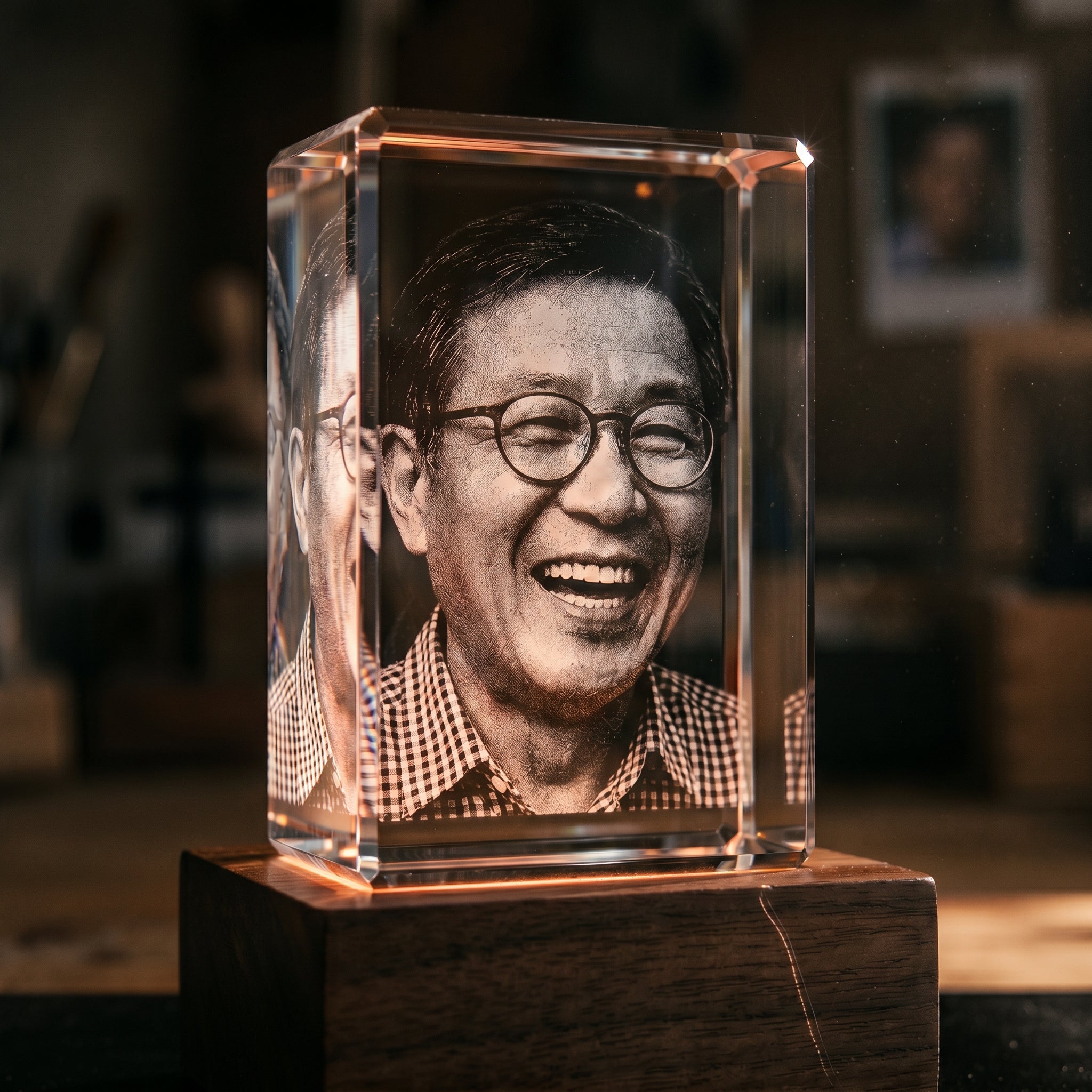 Macro view of 3D crystal engraving showing point cloud dots and subsurface depth, candid Asian older man laughing portrait in pure grayscale demonstrating K9 SSLE