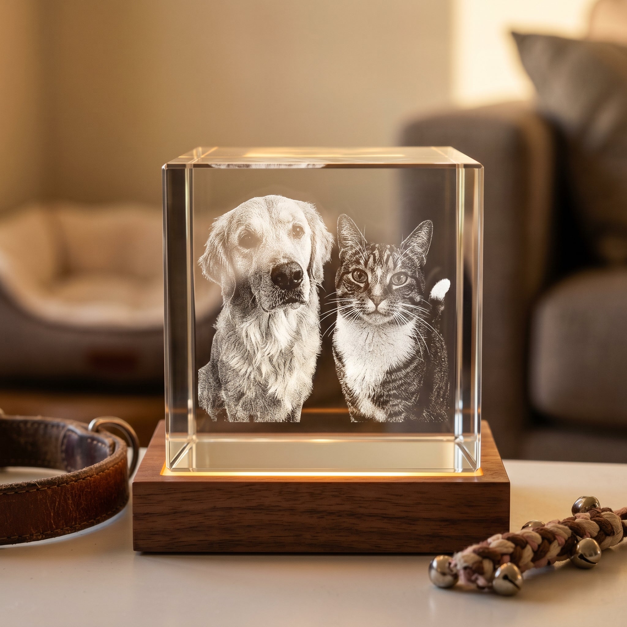 Cube 3D Memory Crystal engraved with side-by-side portrait of a golden retriever and tabby cat, point-cloud K9 laser engraving on rosewood Memory Light Base, leather collar and braided cat toy beside the base, warm living room shelf in golden hour