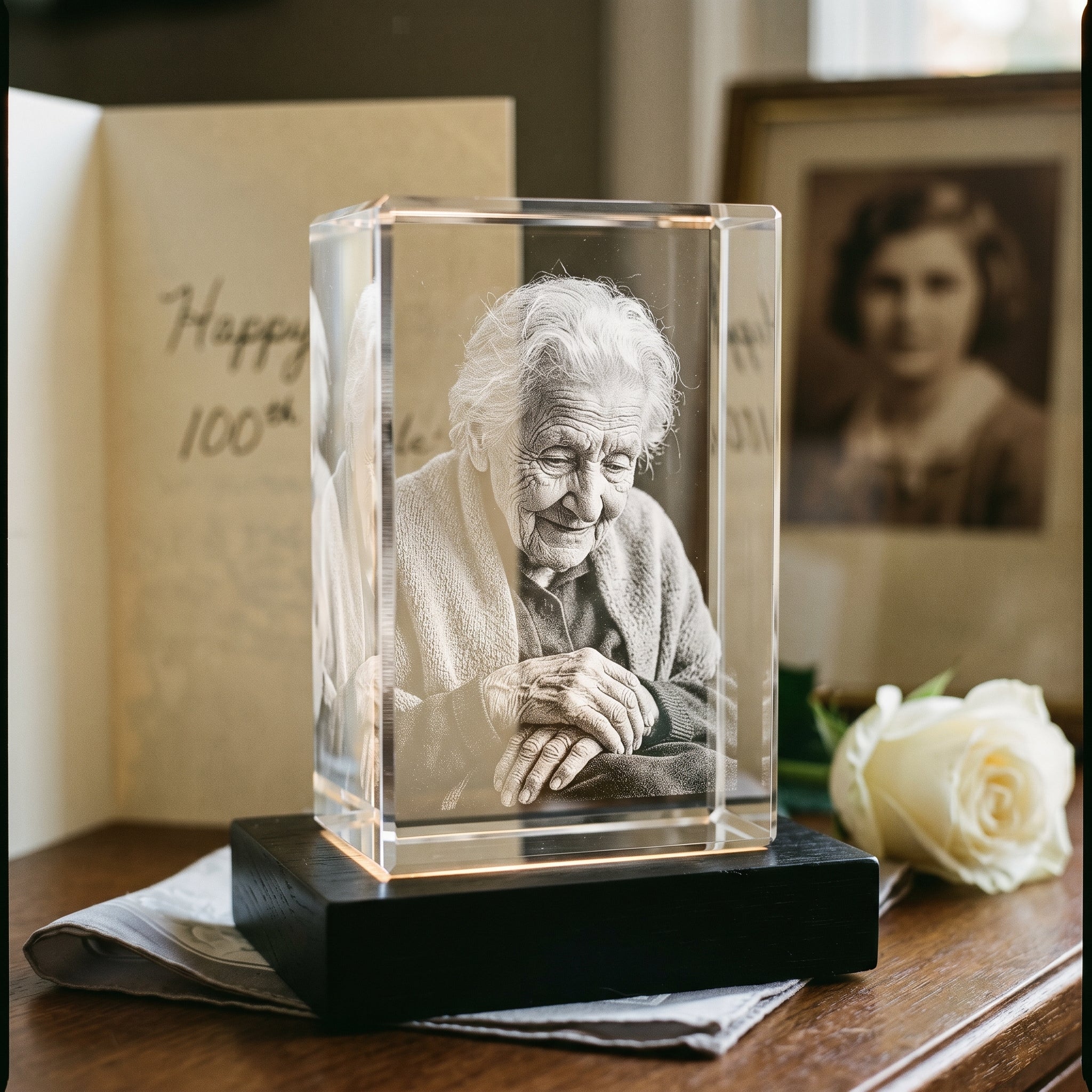Black Premium rectangle 3D Crystal with engraved centenarian candid portrait in pure grayscale, centenary sideboard with legacy card and old sepia photo