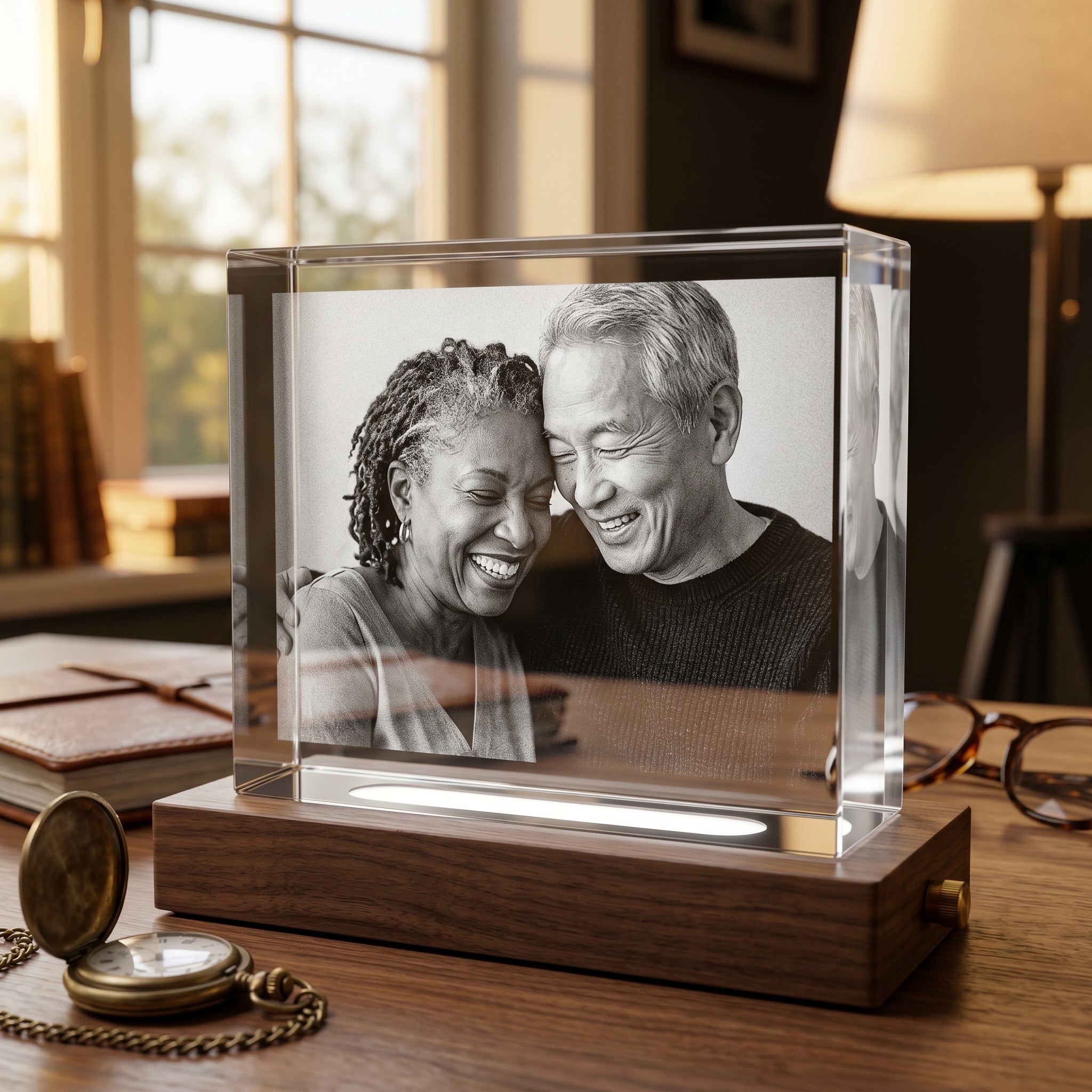 Walnut Light Base with rectangle 3D Memory Crystal engraved with candid older couple in pure grayscale, brass pocket watch reading glasses on study desk