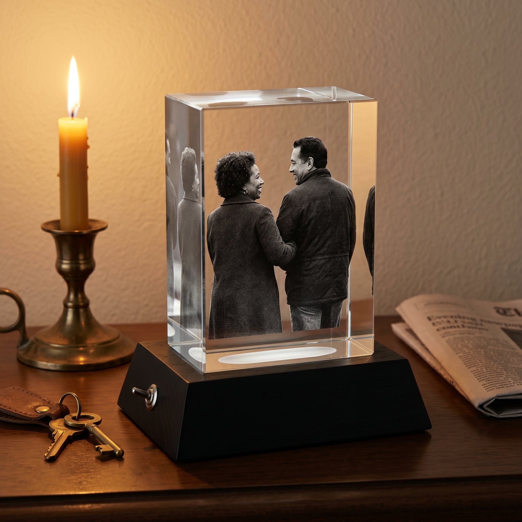 Black Premium Wood Light Base with rectangle 3D Crystal engraved with candid older couple walking in grayscale, bronze candlestick brass keys evening console