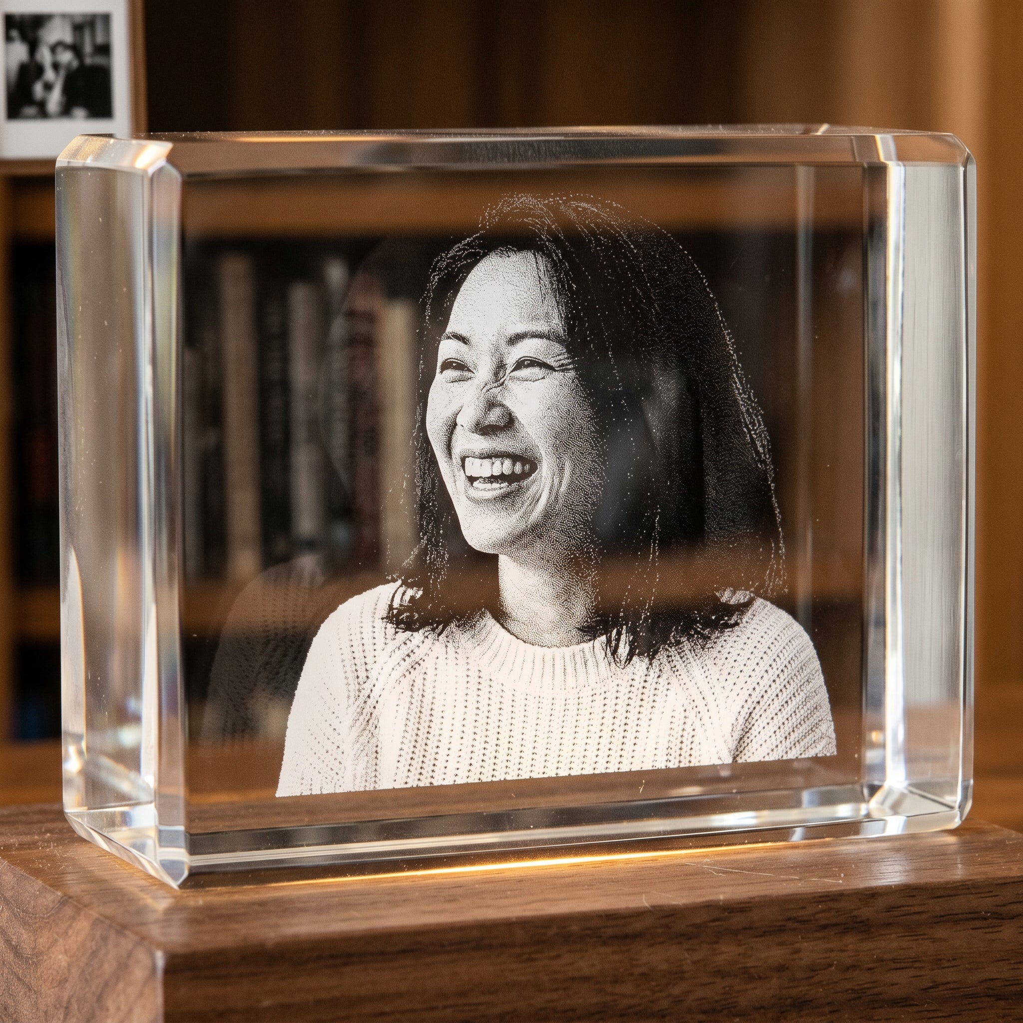 Macro view of 3D photo engraving on K9 glass showing visible point cloud dots, candid woman portrait in pure grayscale with bookshelf visible through dark hair