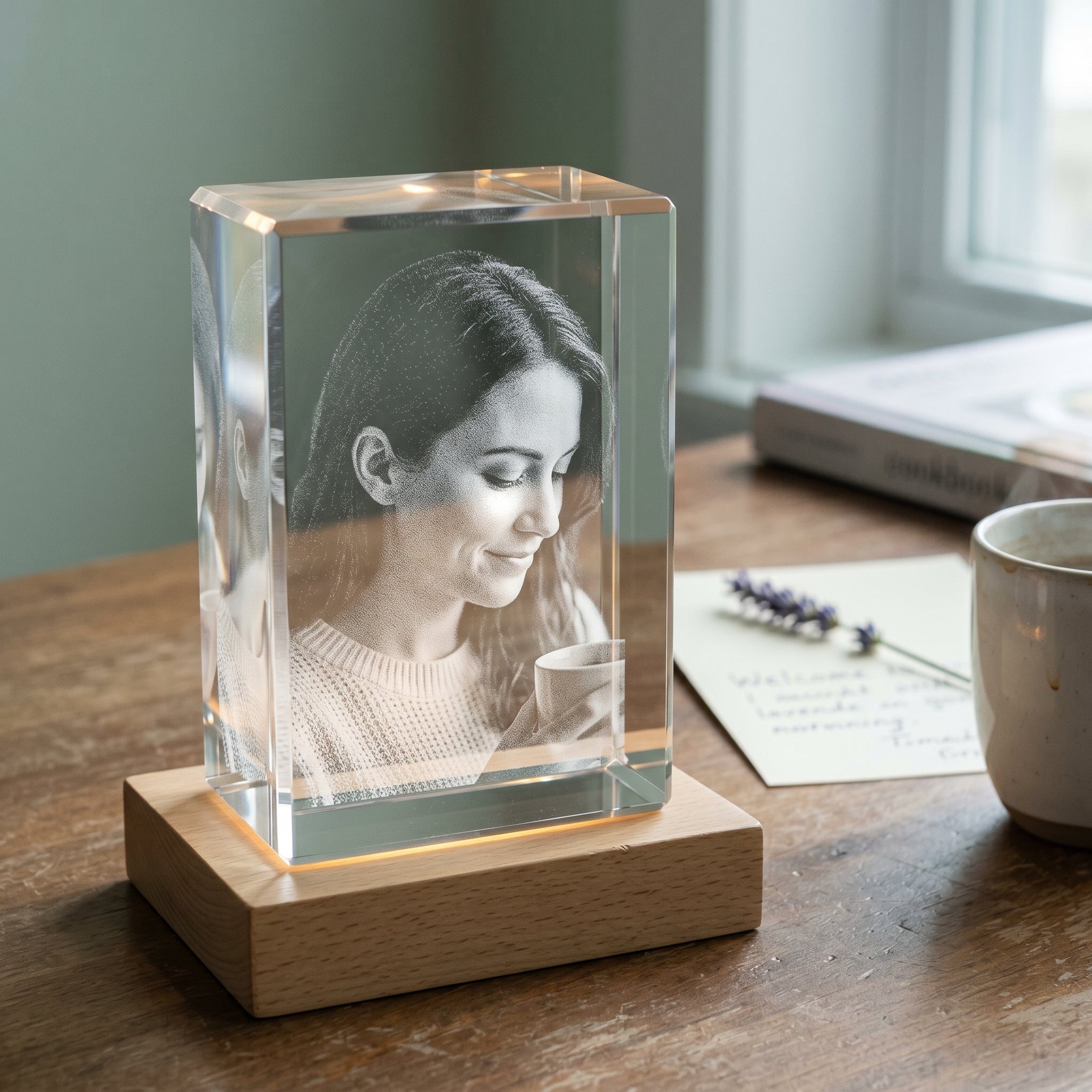 Natural blonde rectangle 3D Crystal engraved with candid daughter-in-law morning portrait in pure grayscale, kitchen counter with welcome note and lavender