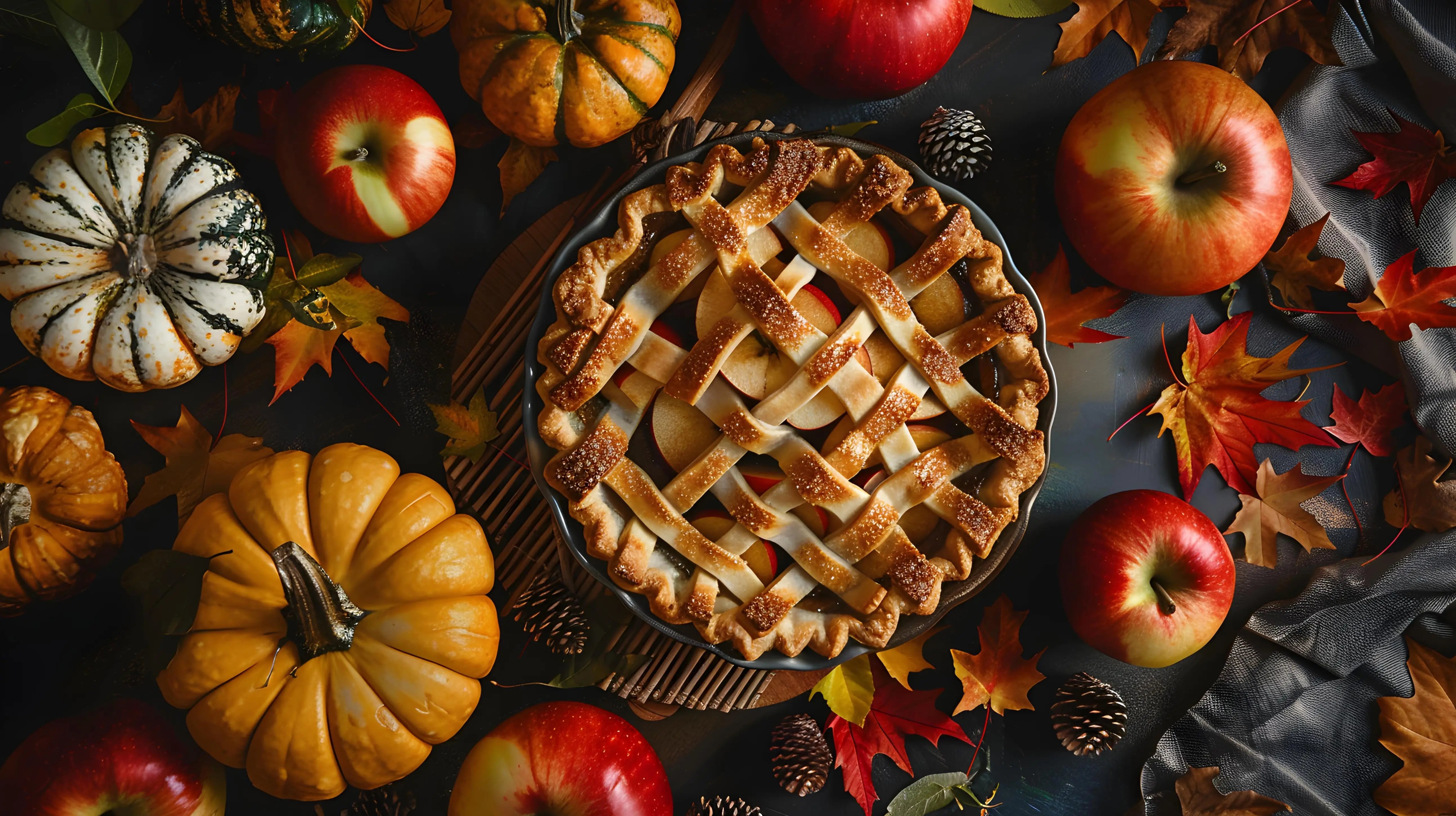 A cozy fall-themed banner featuring pumpkin, apples, and an apple pie, symbolizing the ultimate autumn flavor showdown.