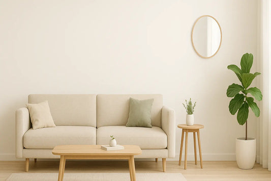 A minimalist living room with a beige sofa, two pillows, a wooden coffee table, a small side table with a plant, a large potte